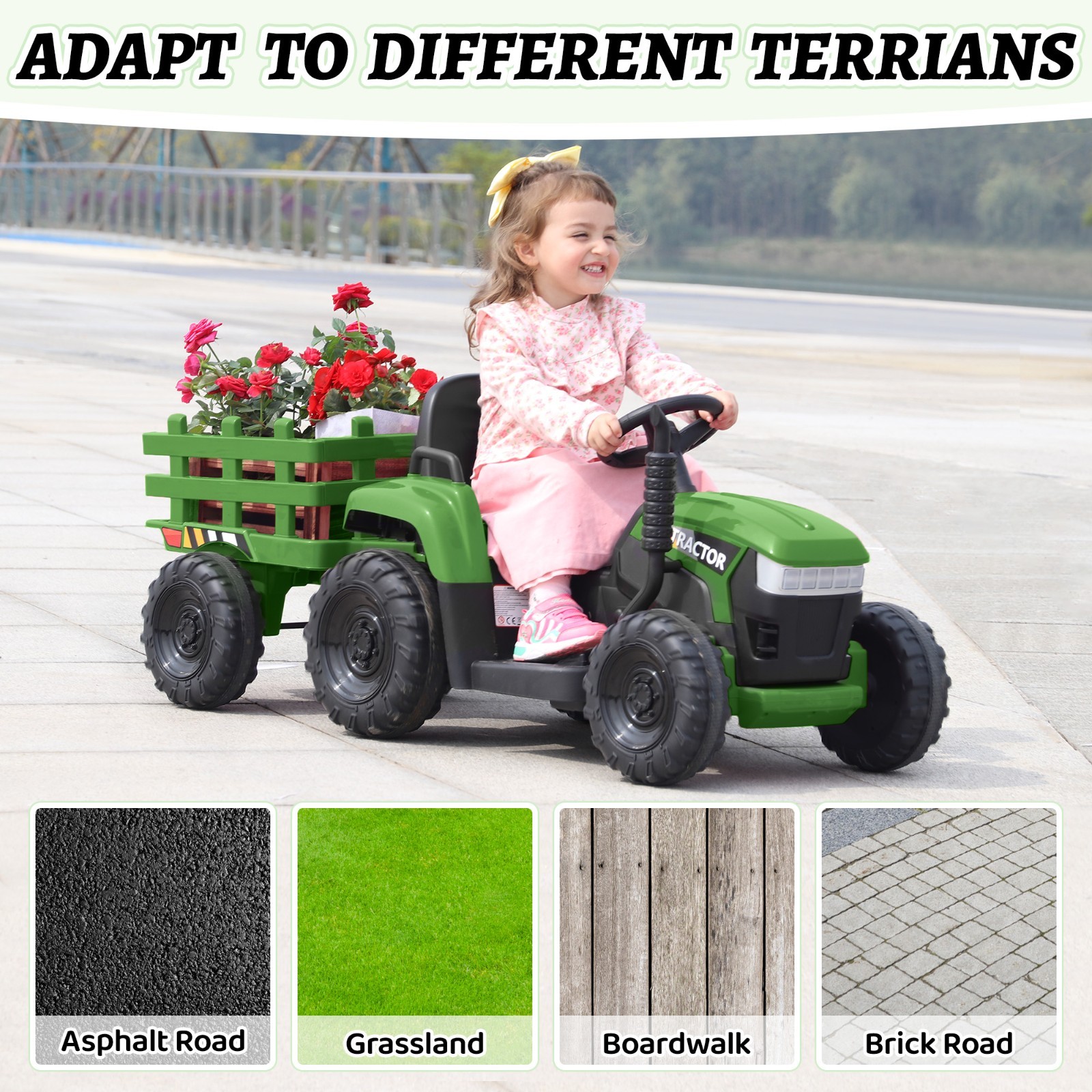 TOBBI 12V Kids Ride on Tractor Electric Vehicle W/ One Detachable Trailer,Lights