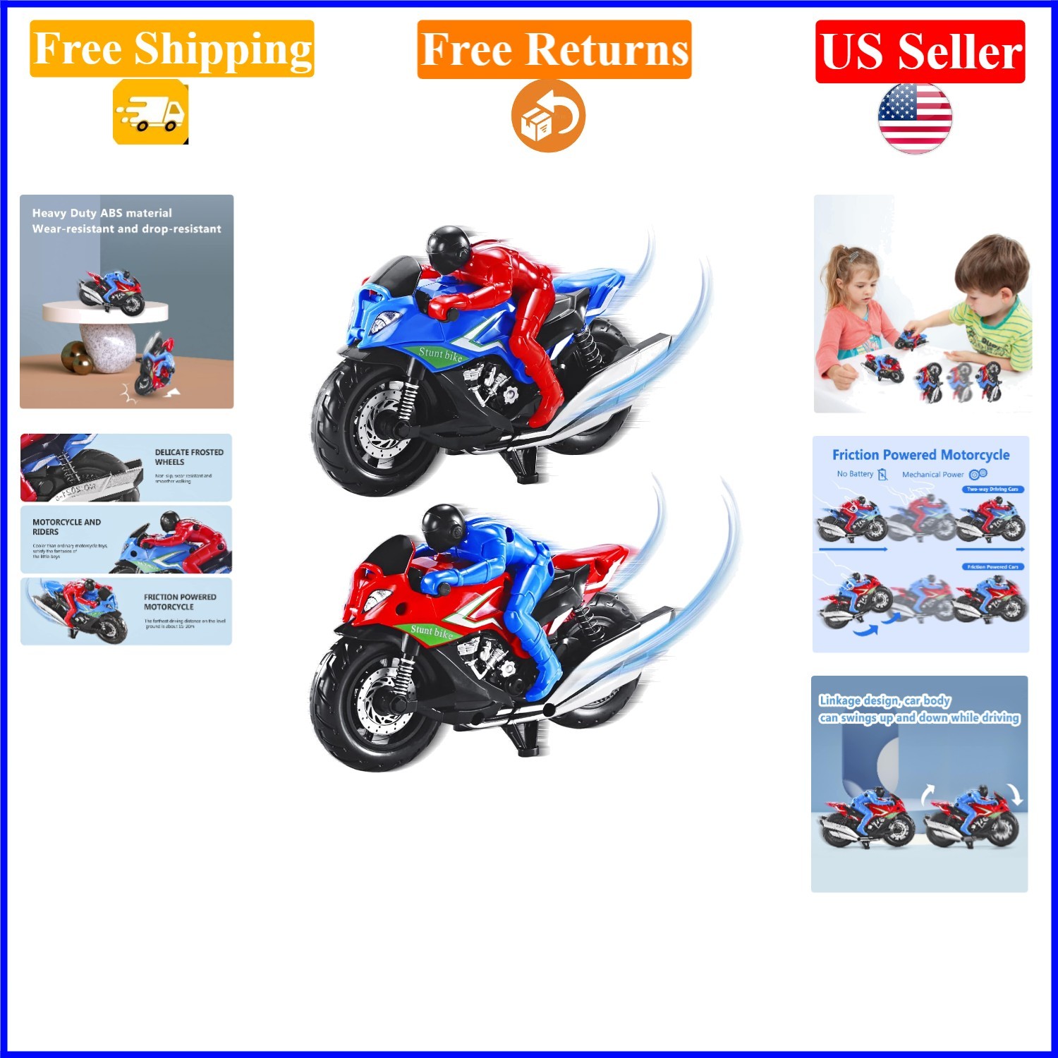 Kids Motorcycle Toys Set – 2 Pull-Back Diecast Motorcycles for Ages 3-8, Red …