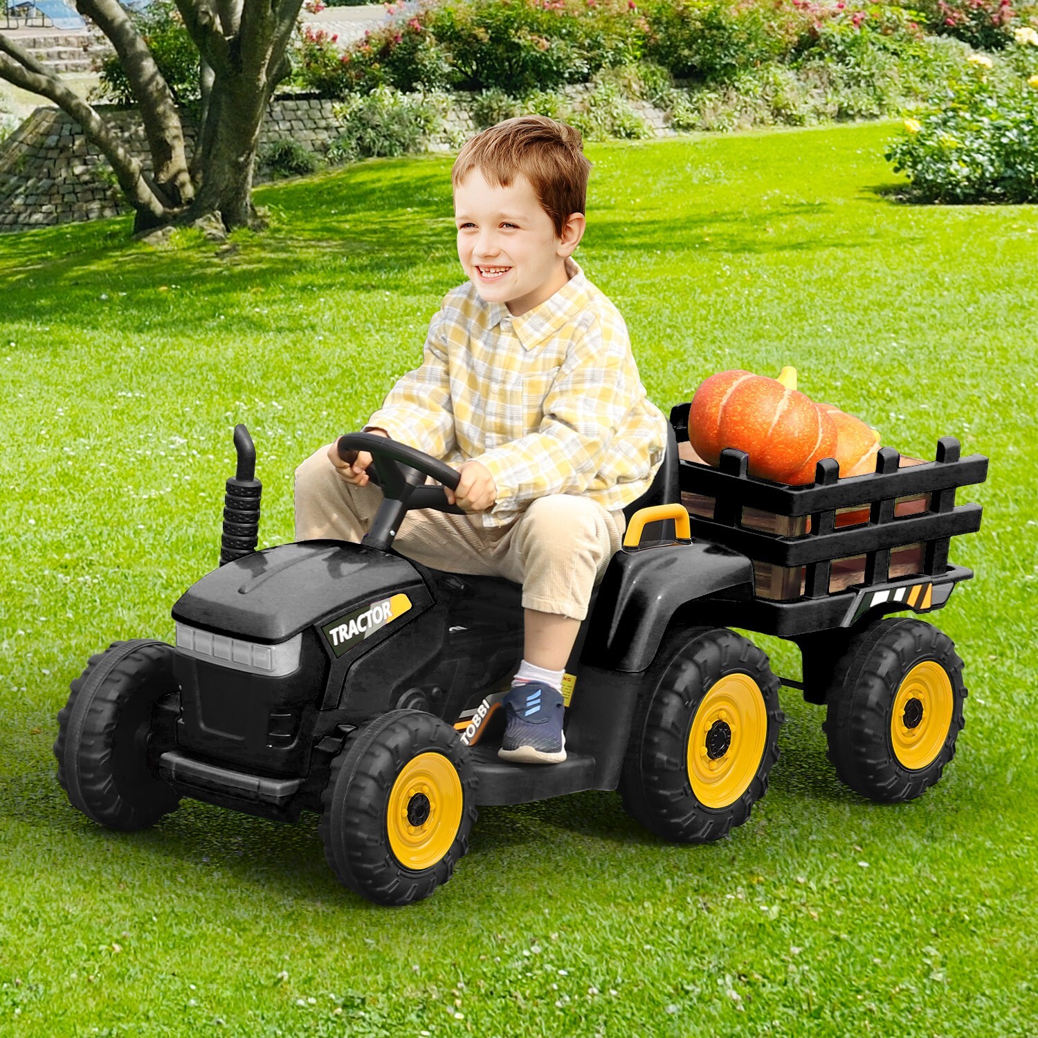 TOBBI 12V Kids Ride On Car Electric Tractor Battery Powered Toy Car w/ Trailer