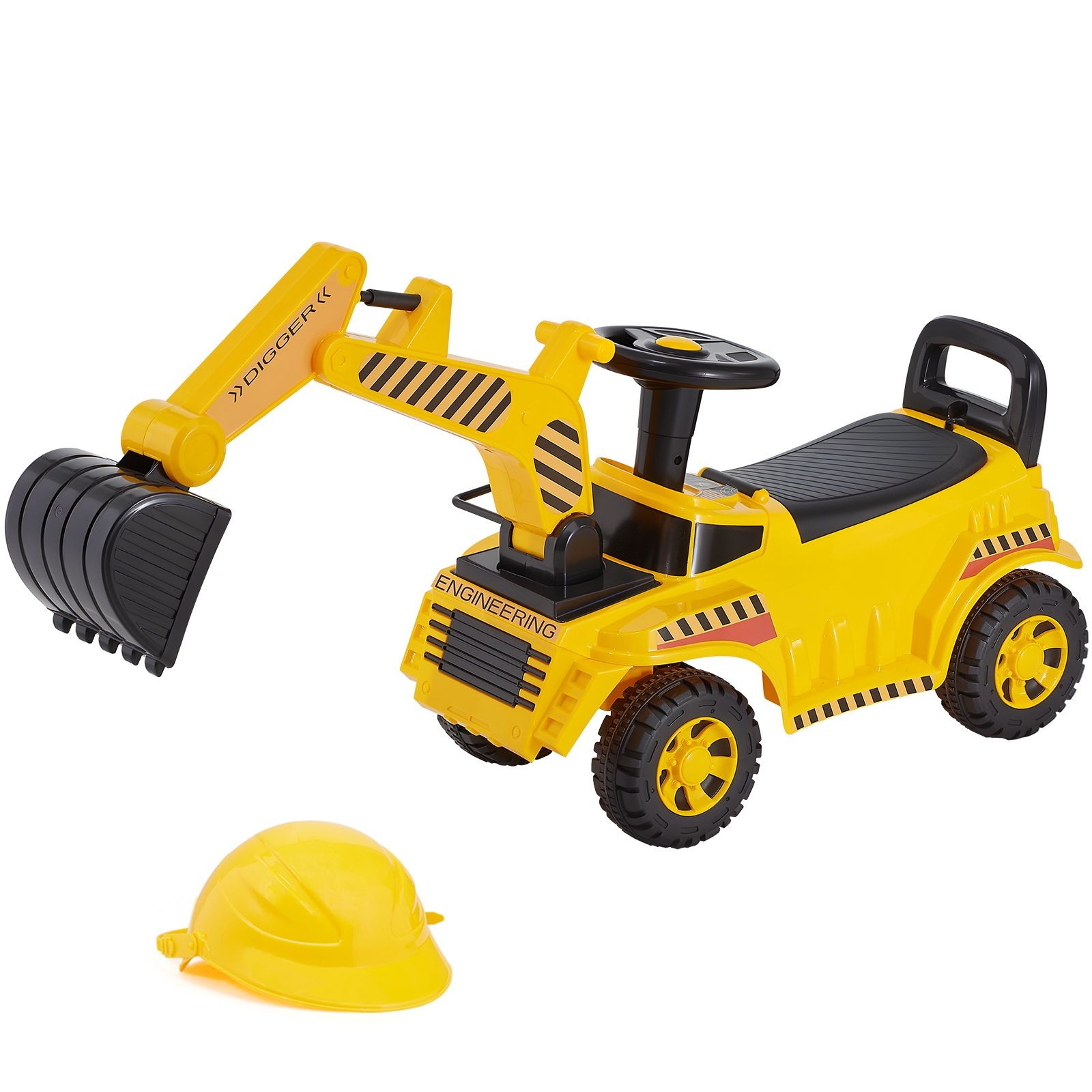 Toddler Ride On Excavator Digger Car with Helmet Music 55 lbs Capacity Yellow
