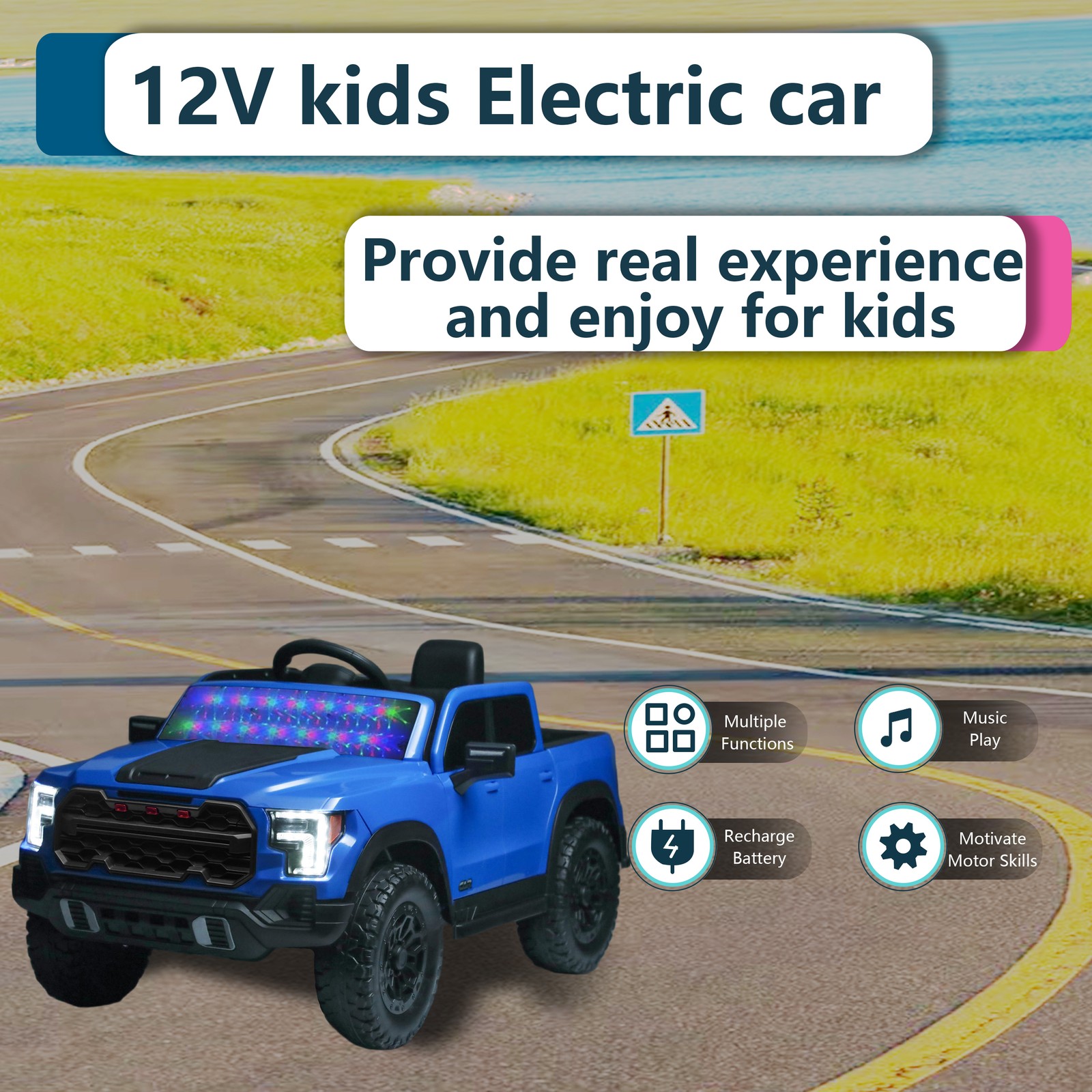 12V Kids Ride-On Car Remote Control, 4-Wheel Shock Absorption 3-6 Years Blue