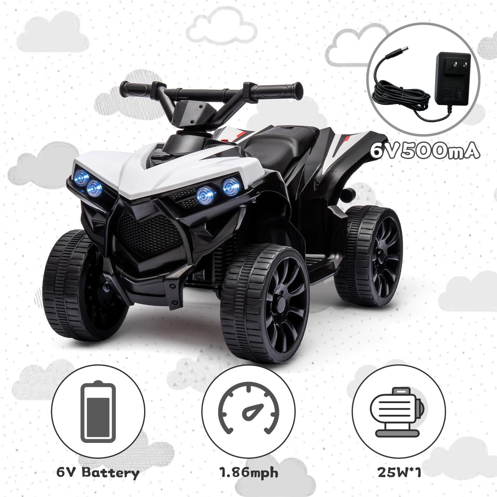6V ATV Kids Ride on Quad Car Toy with LED Lights for Toddler 3+ Years Old Gifts