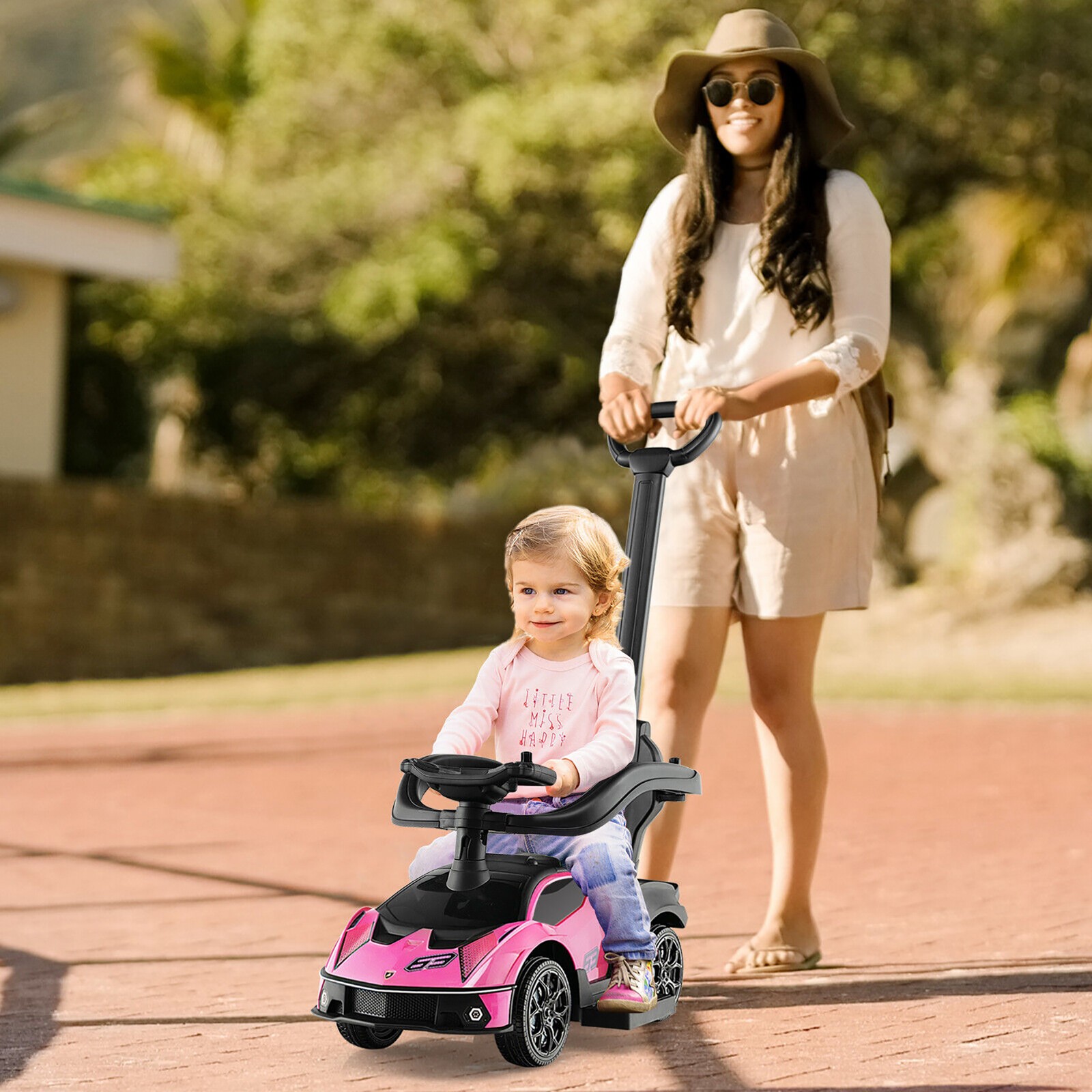 3-in-1 Licensed Lamborghini Ride on Push Car Stroller Sliding Car w/ Sound Pink