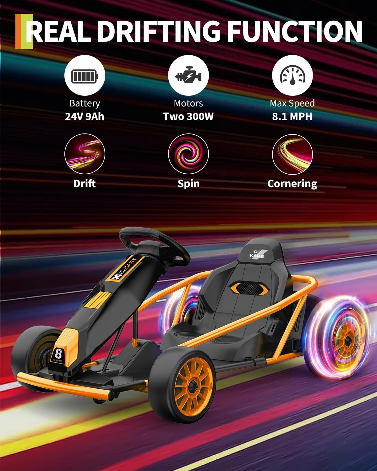 Garvee 24V 9Ah Kids Car Ride On Go Kart Toy,Racing for Kids 8-12 Years,Orange