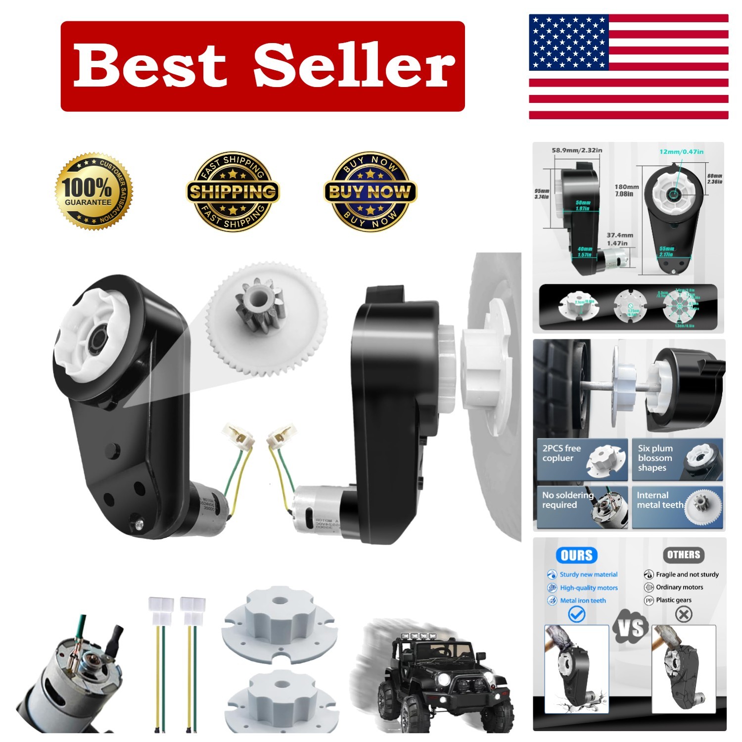 High Torque 24V Motor Gearbox Conversion Kit for Kids’ Electric Cars, 2PCS