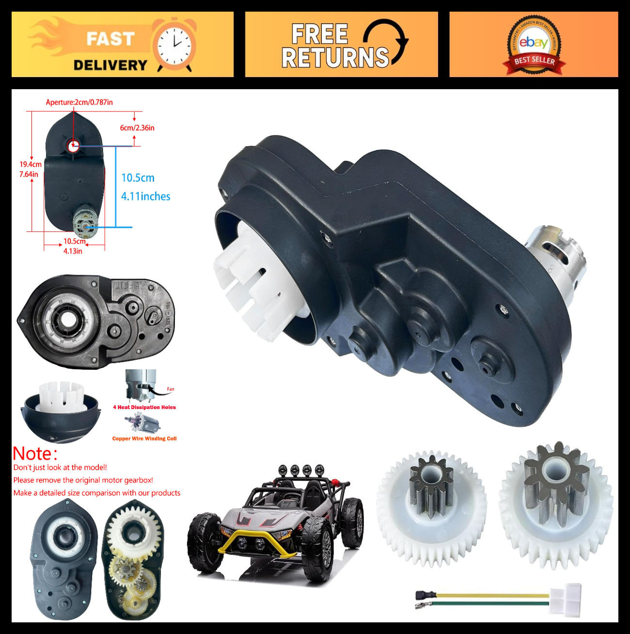 High Torque 24V RS555 Motor Gearbox Upgrade for Power Wheels, 35000RPM, UTV Part