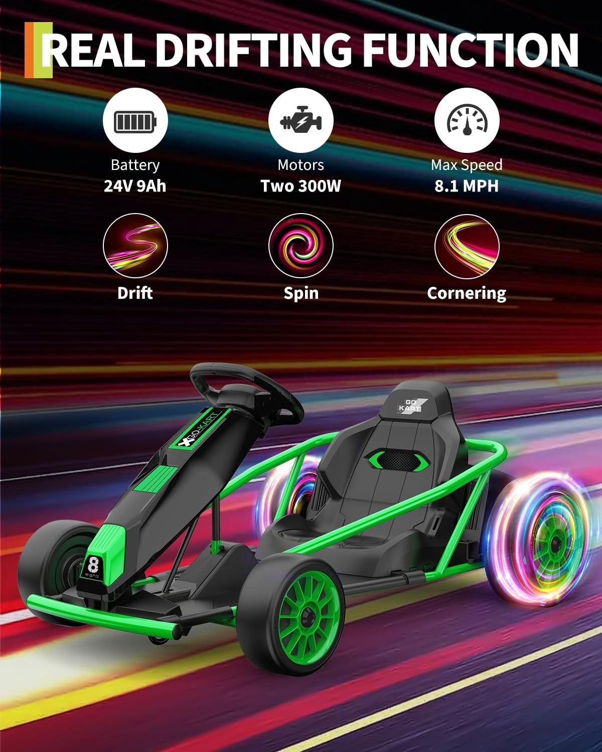 24V Go Kart for Kids High Speed Drifting Outdoor Ride On Toy for Teens W/ Music
