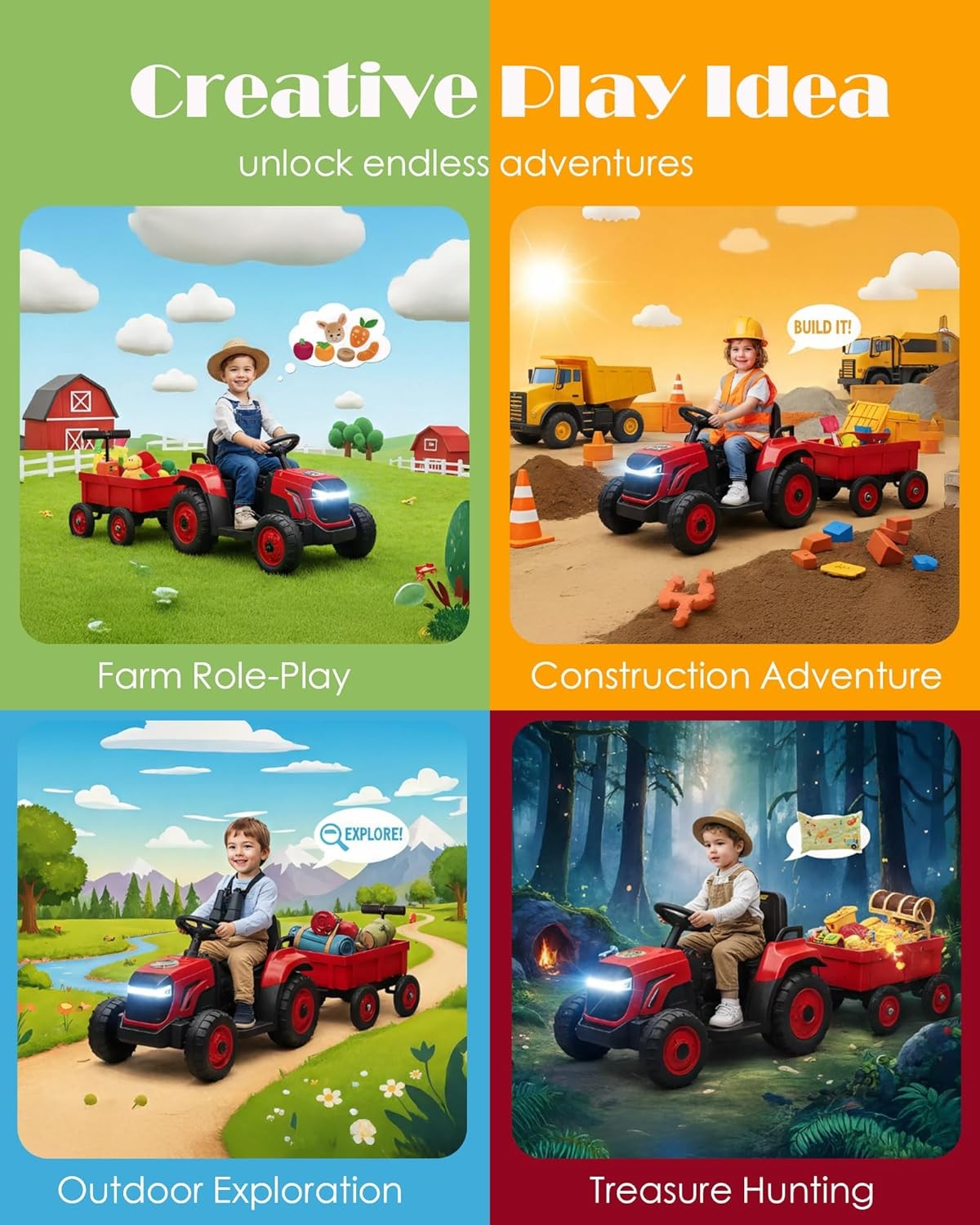 Toddlers Ride on Electric Tractor w/ Detachable Trailer 12V Kid Vehicle Ages 3–8