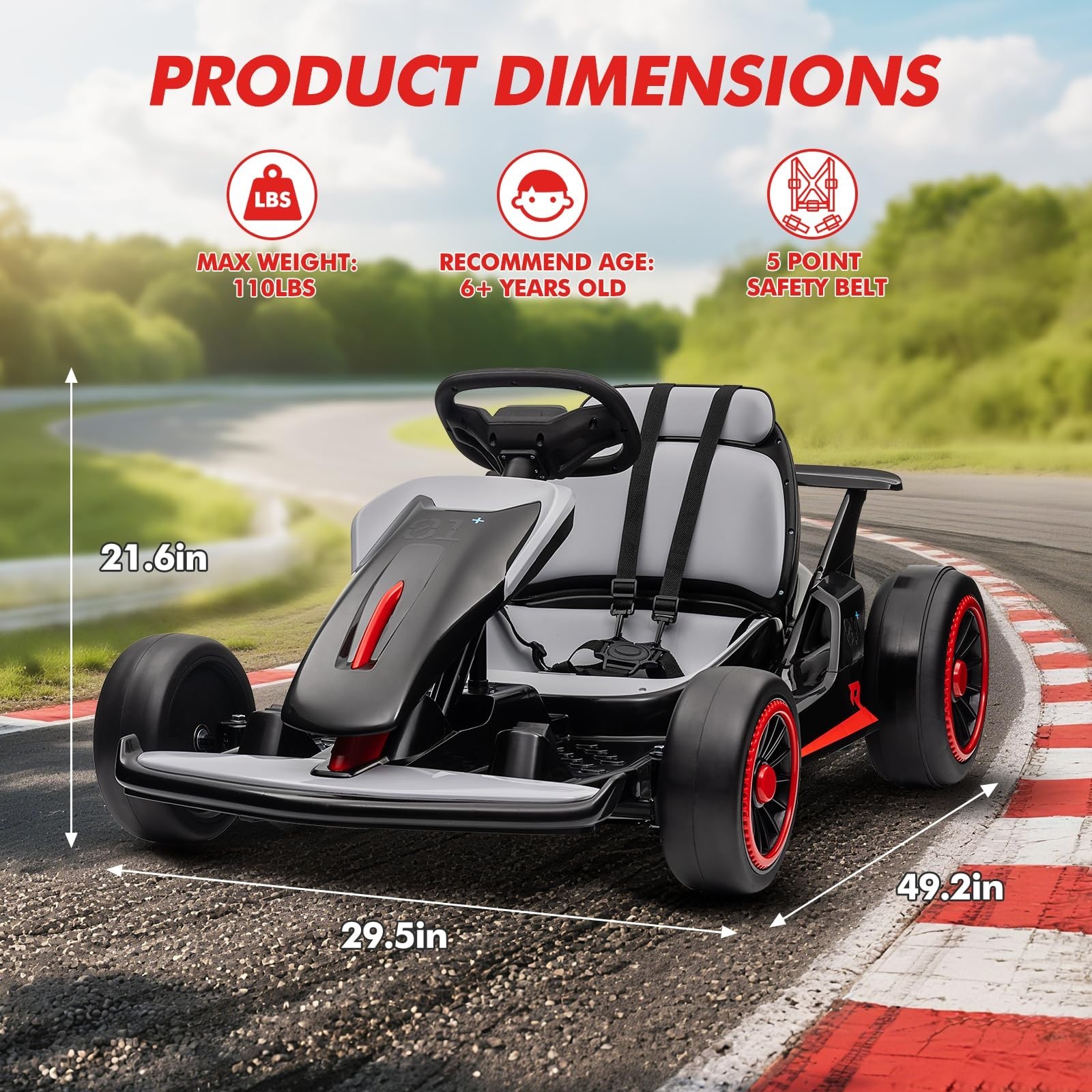 24V Go Kart for Kids Child Electric Drift Go Cart With Music 5-Point Safety Belt