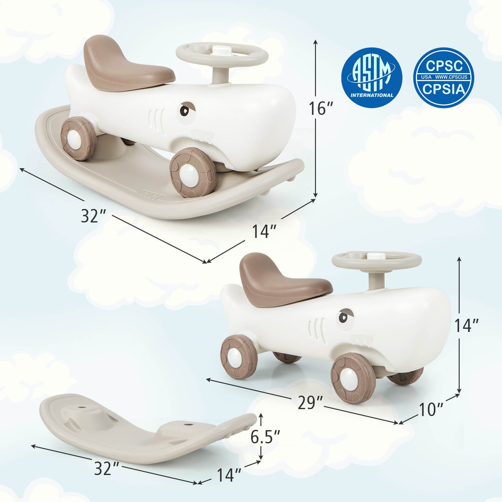 Kids 3-in-1 Rocking Horse & Sliding Car w/ Smooth Wheels & Anti-slip EVA Strips