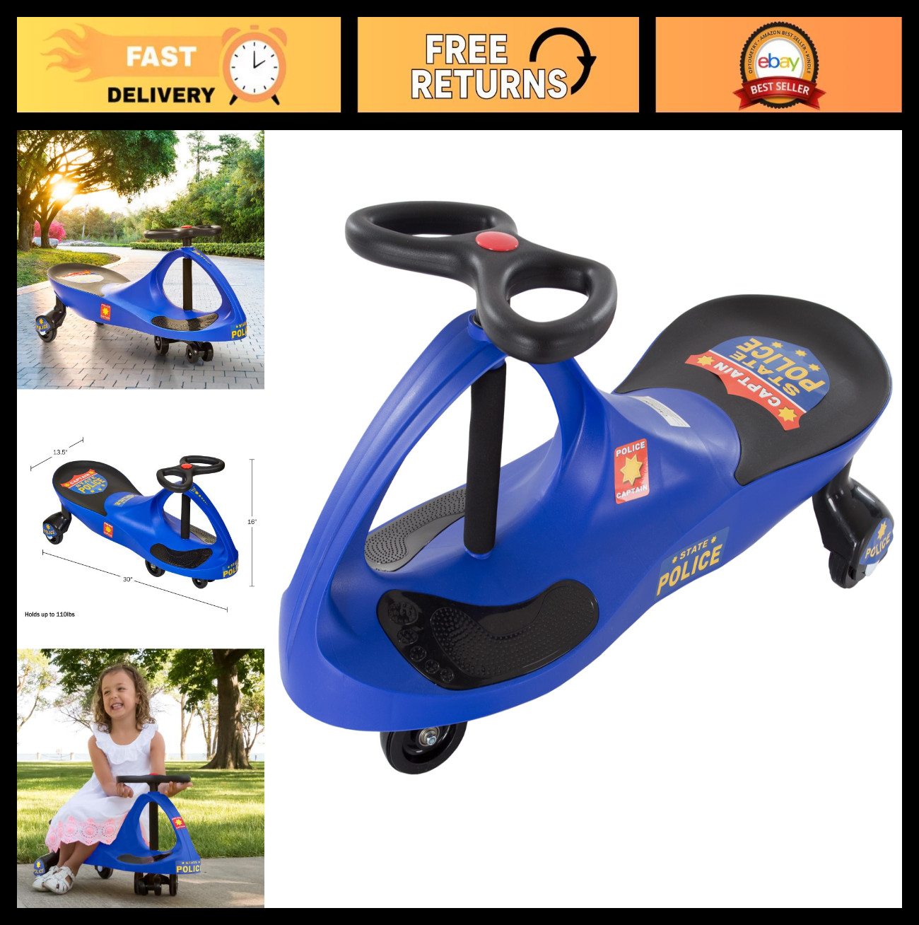 Wiggle Car Police Ride-On Toy for Kids 3+ | No Batteries, Gears, or Pedals – Blu