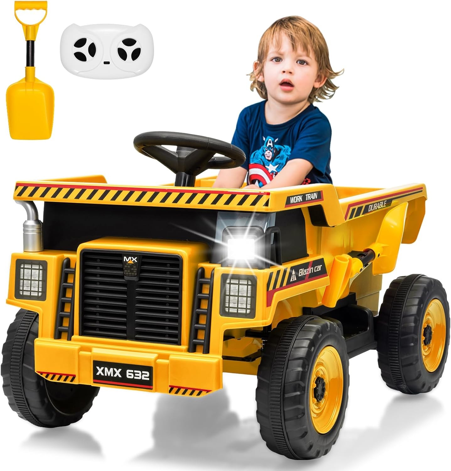 12V Ride On Dump Truck w/ Remote, Auto-Dump Bed, Shovel & Music for Kids 3-8