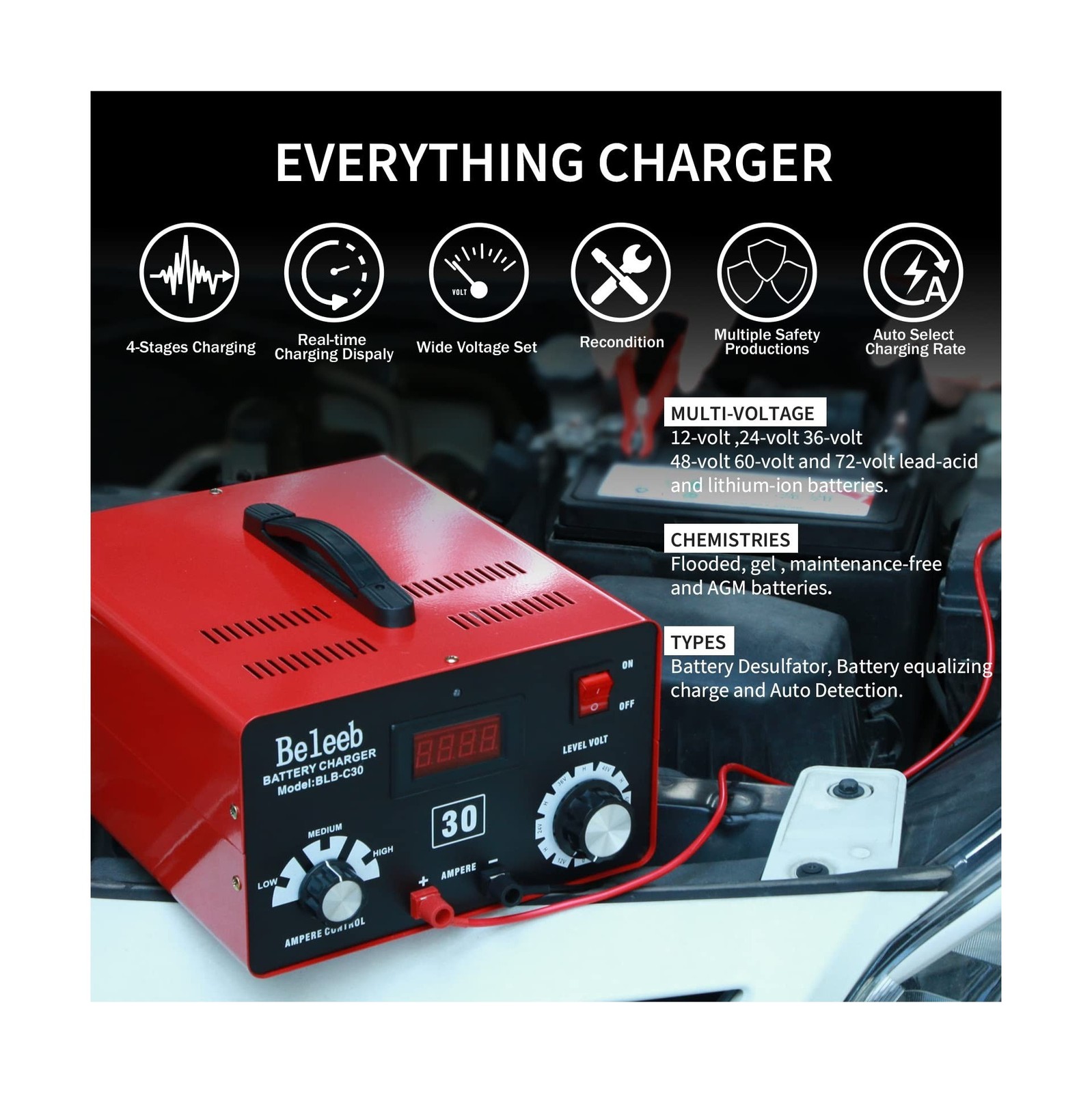 Adjustable Battery Charger 12V 24V 36V 48V 60V 72V Smart LCD Display Pulse Re…
