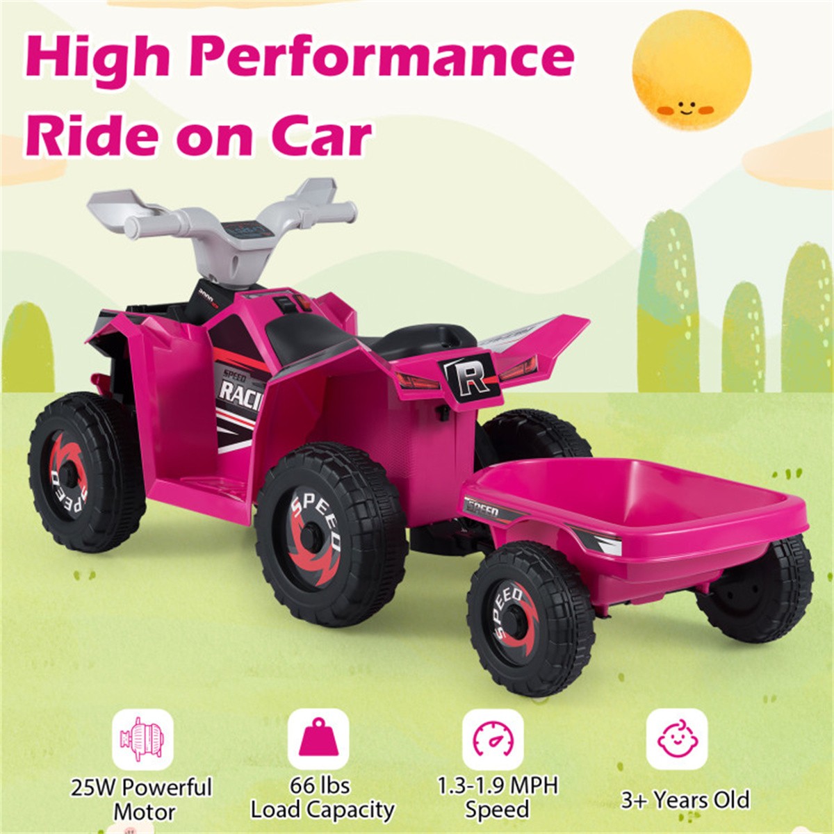 Kids Ride On ATV with Removable Trailer 6V Electric Quad for Toddlers Ages 3+