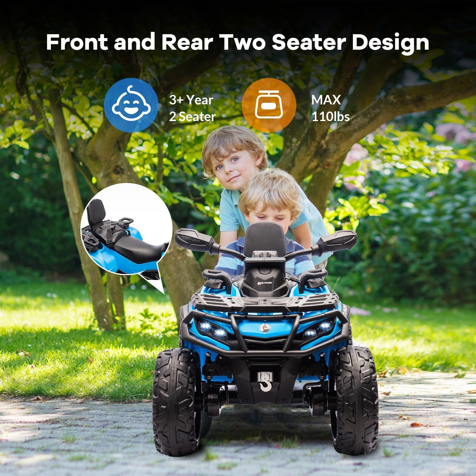 24V Kids Ride On Car Electric ATV Toy Car 2 Seaters LED Light For Christmas Gift