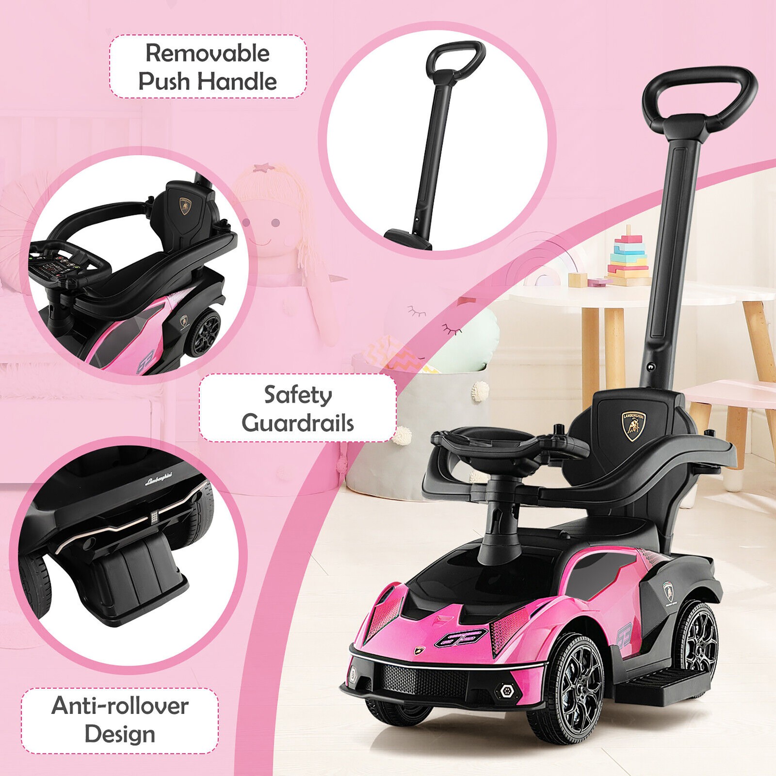 3-in-1 Licensed Lamborghini Ride on Push Car Stroller Sliding Car w/ Sound Pink