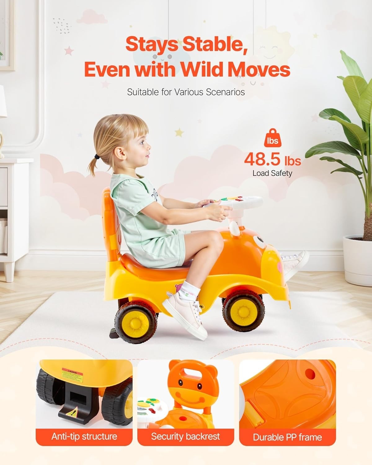 Lightweight Toddler Ride On Toy: Fun Push Car with Music for 19-36 Kids