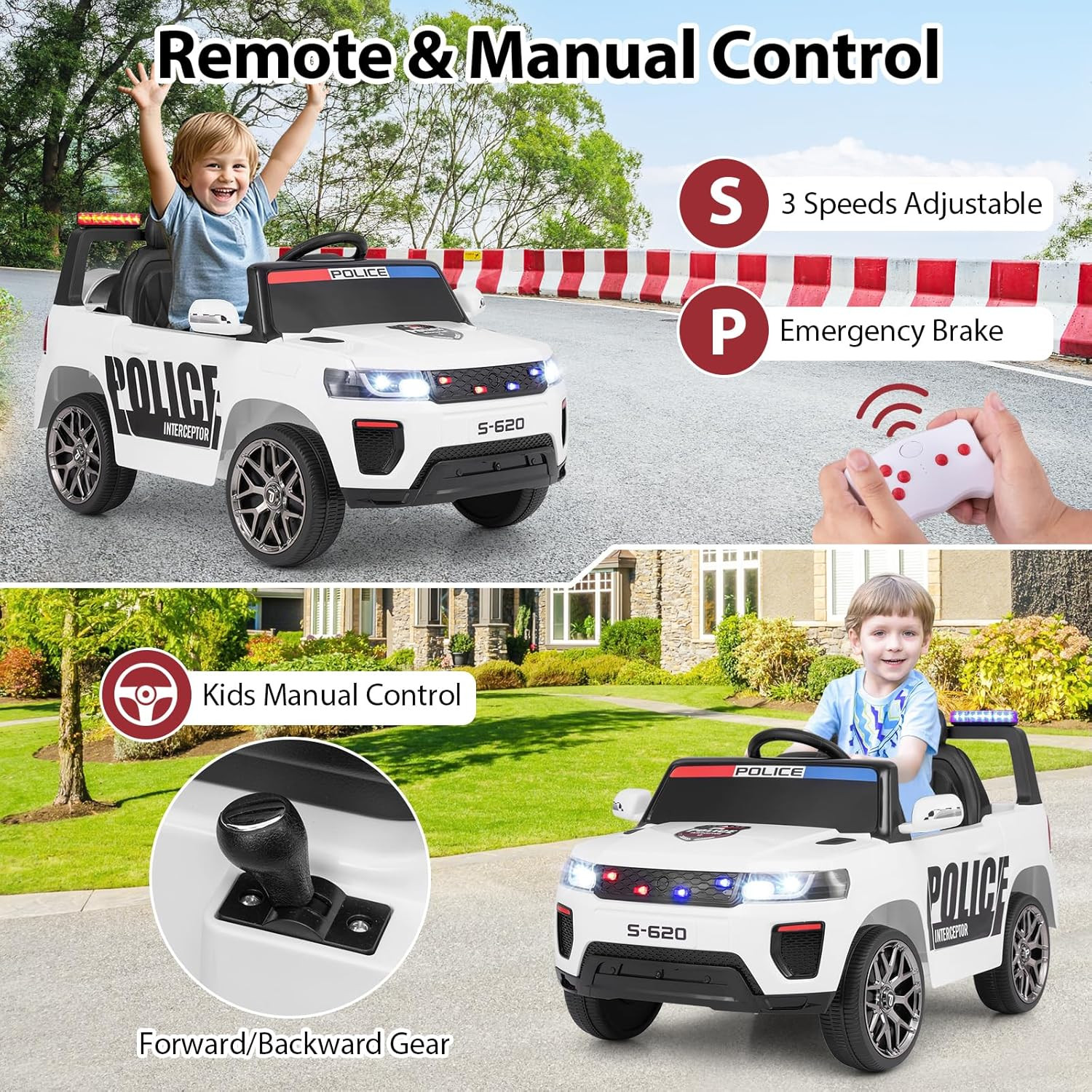 Ride on Police Car, 12V Kids Battery Powered Electric Vehicle with Siren, Flashi