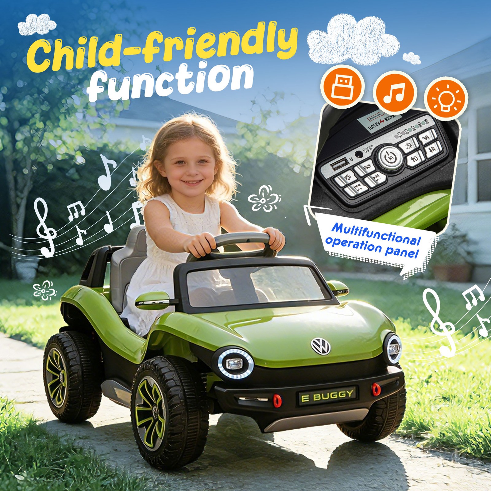 12V Licensed Volkswagen Beetle Kids Ride On Electric Car Speeds 1.5-2.5MPH Green