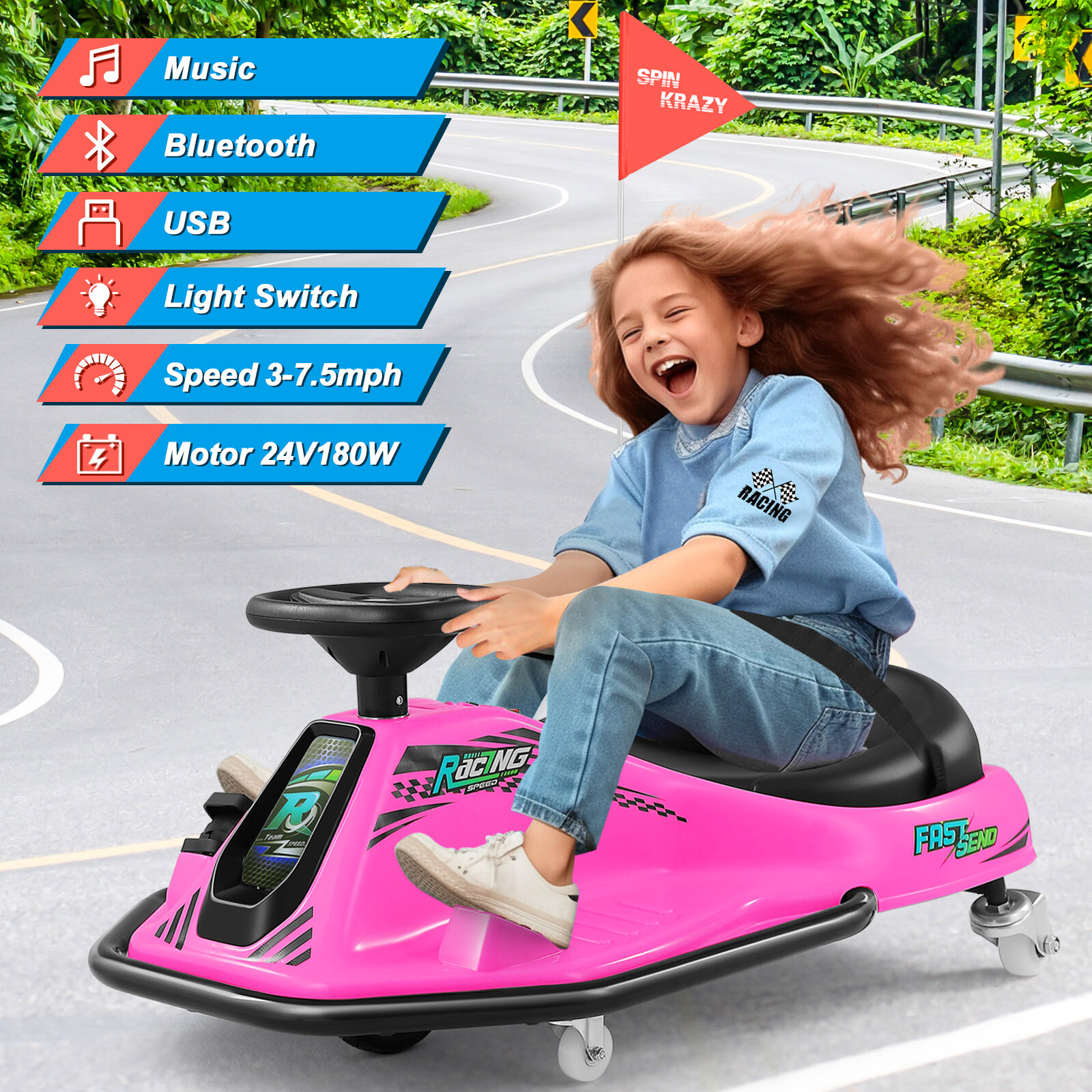 Pink 24V Battery Powered Kids Ride On Drifting Car 360° Rotating Boys Girls Gift