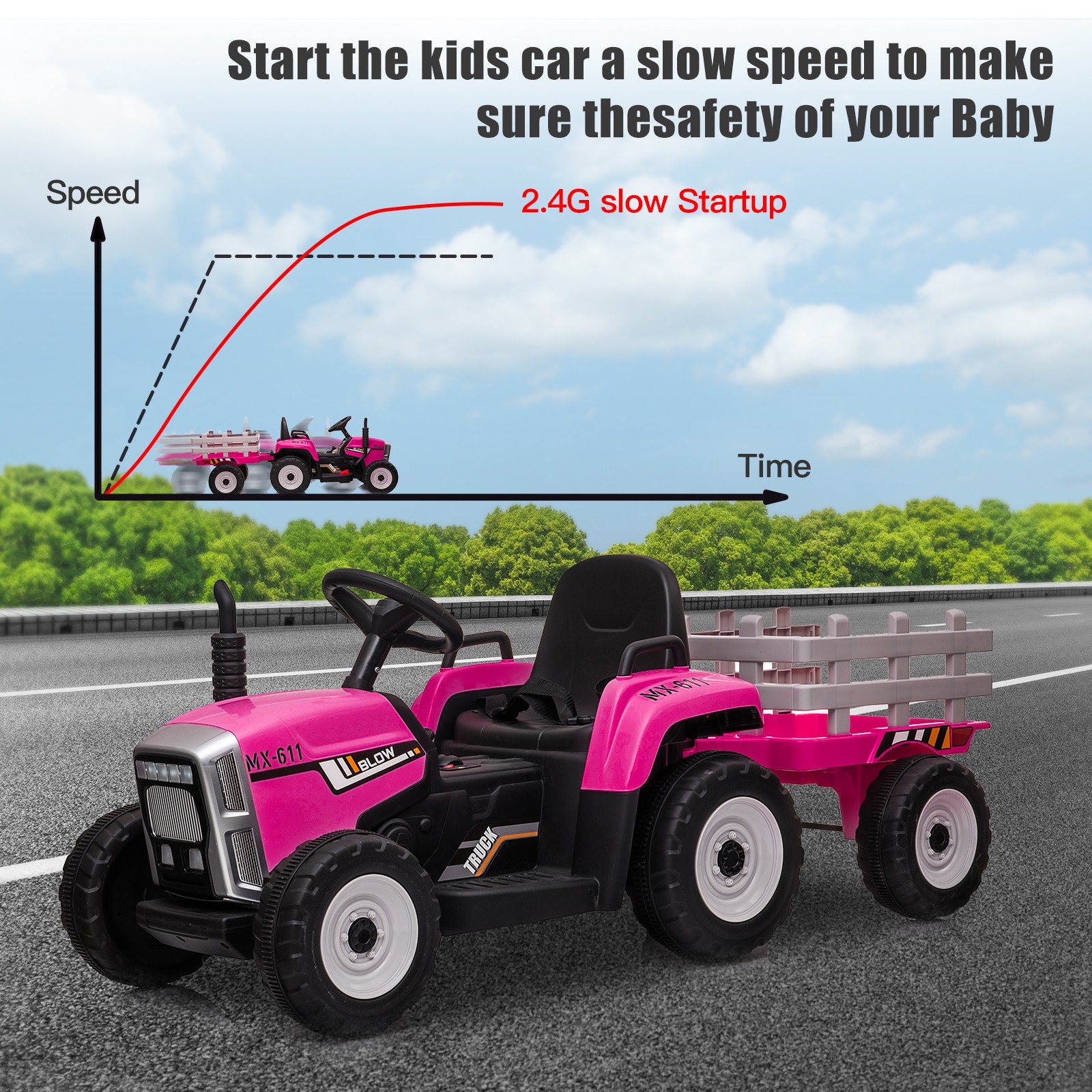 12V Kids Ride On Toys Tractor Battery Powered Electric Car with Trailer LED USB