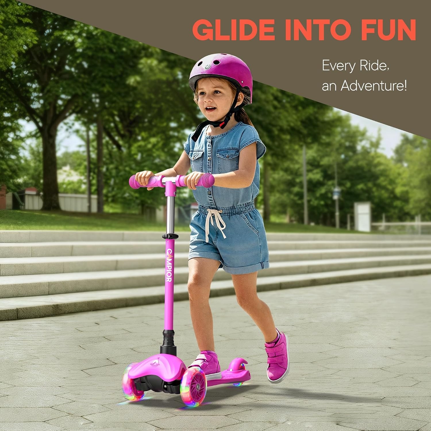Pink Mini 3 Wheel Scooter for Kids – Lean-to-Steer with LED Light-Up Wheels, Adj