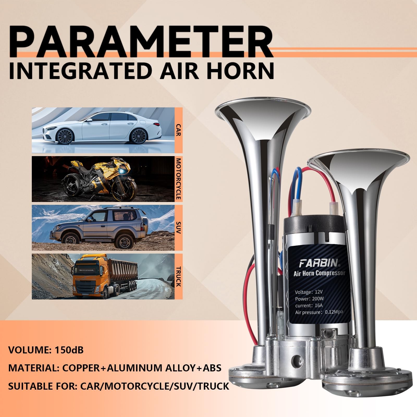 Air Horn for Truck 12V Loud Train Horn with Air Compressor Dual-Trumpet Chrome C