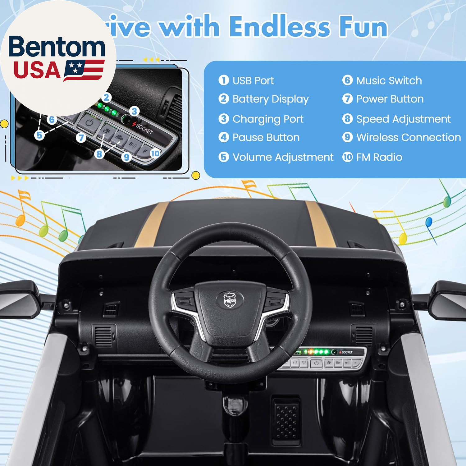 Police Car Ride On, 12V Battery Powered Ride on Car with Remote Control, Siren &