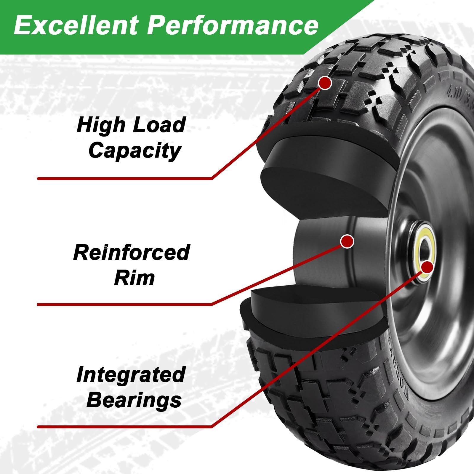 10″ Flat Free Replacement Wheels for Gorilla Carts (2-Pack), 4.10/3.50-4 Soli…