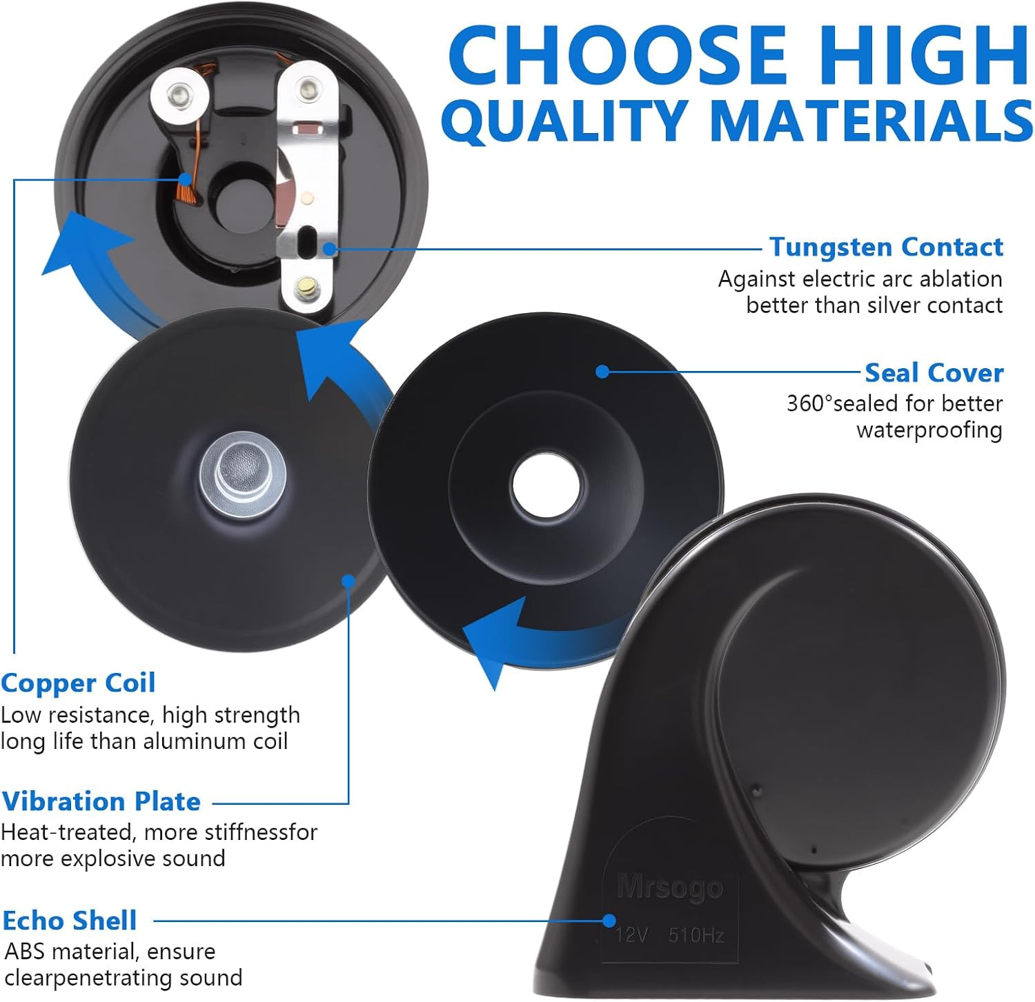 Car Horn，12V Super Loud Electric Waterproof Horn Kit, 2-Piece (1 High-Tone + 1 L