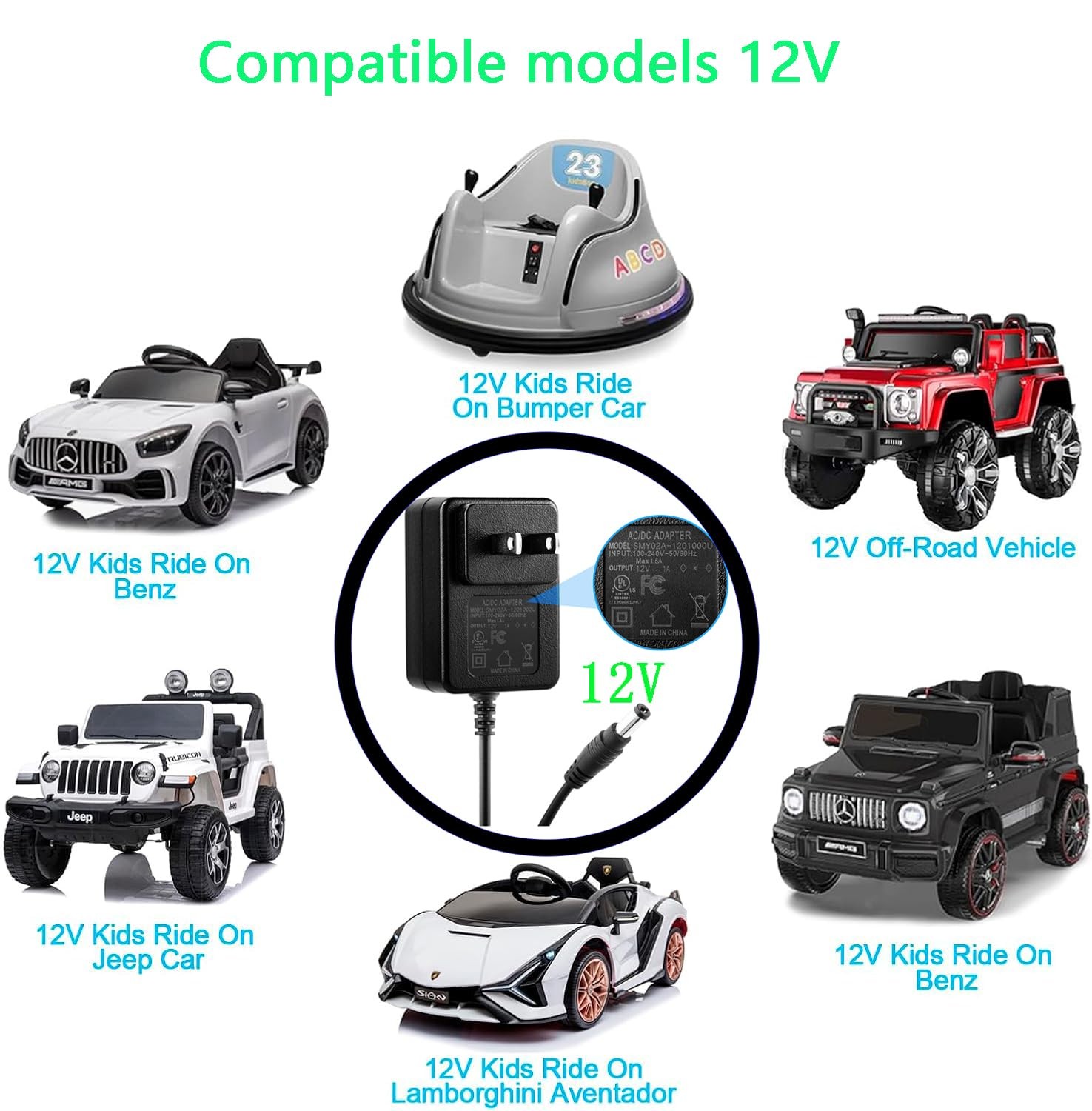 12V Battery Charger for Ride On Toys Car, Power Wheels, Electric Cars & Black
