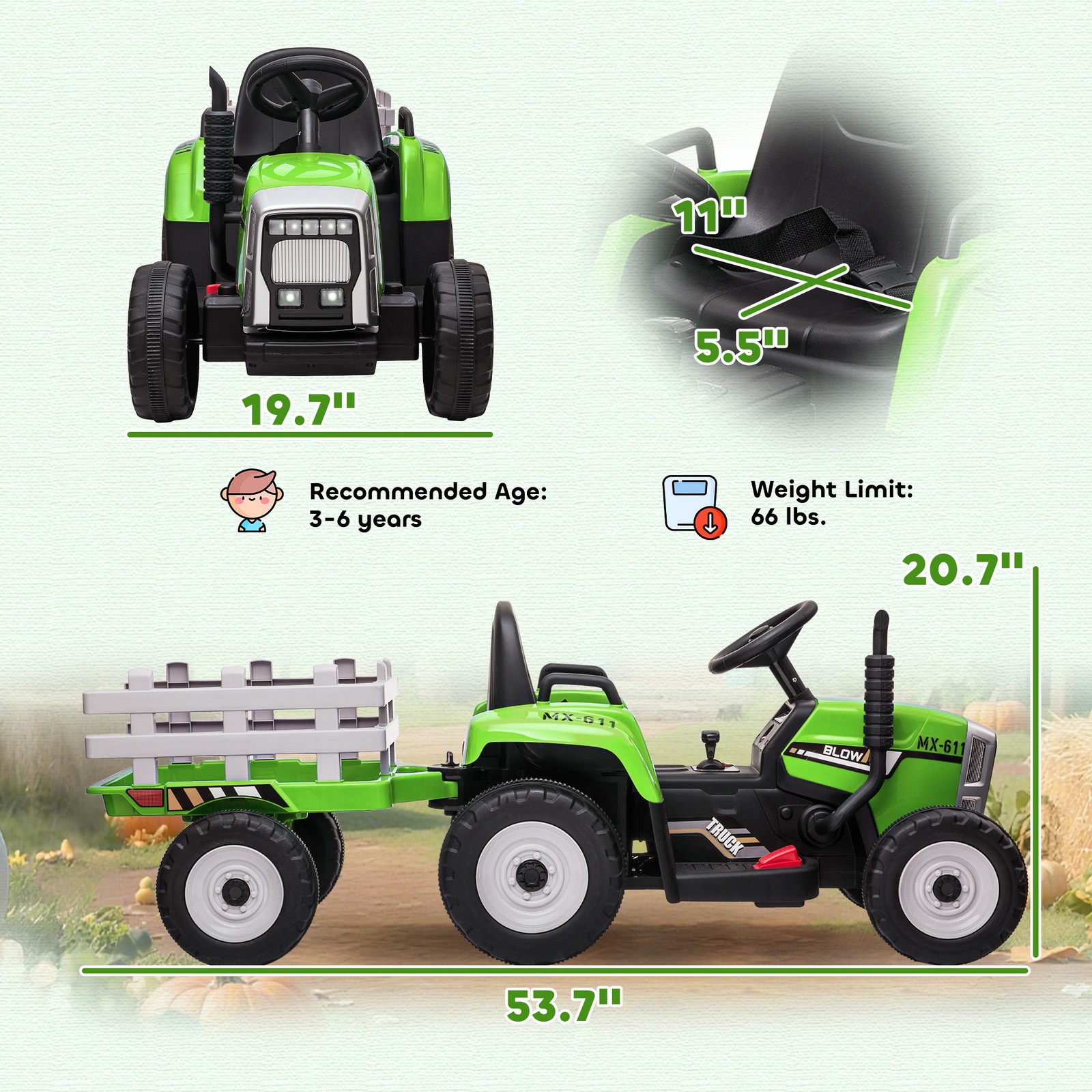 12V Electric Ride on Tractor with Trailer, 25W Dual Motors, Green