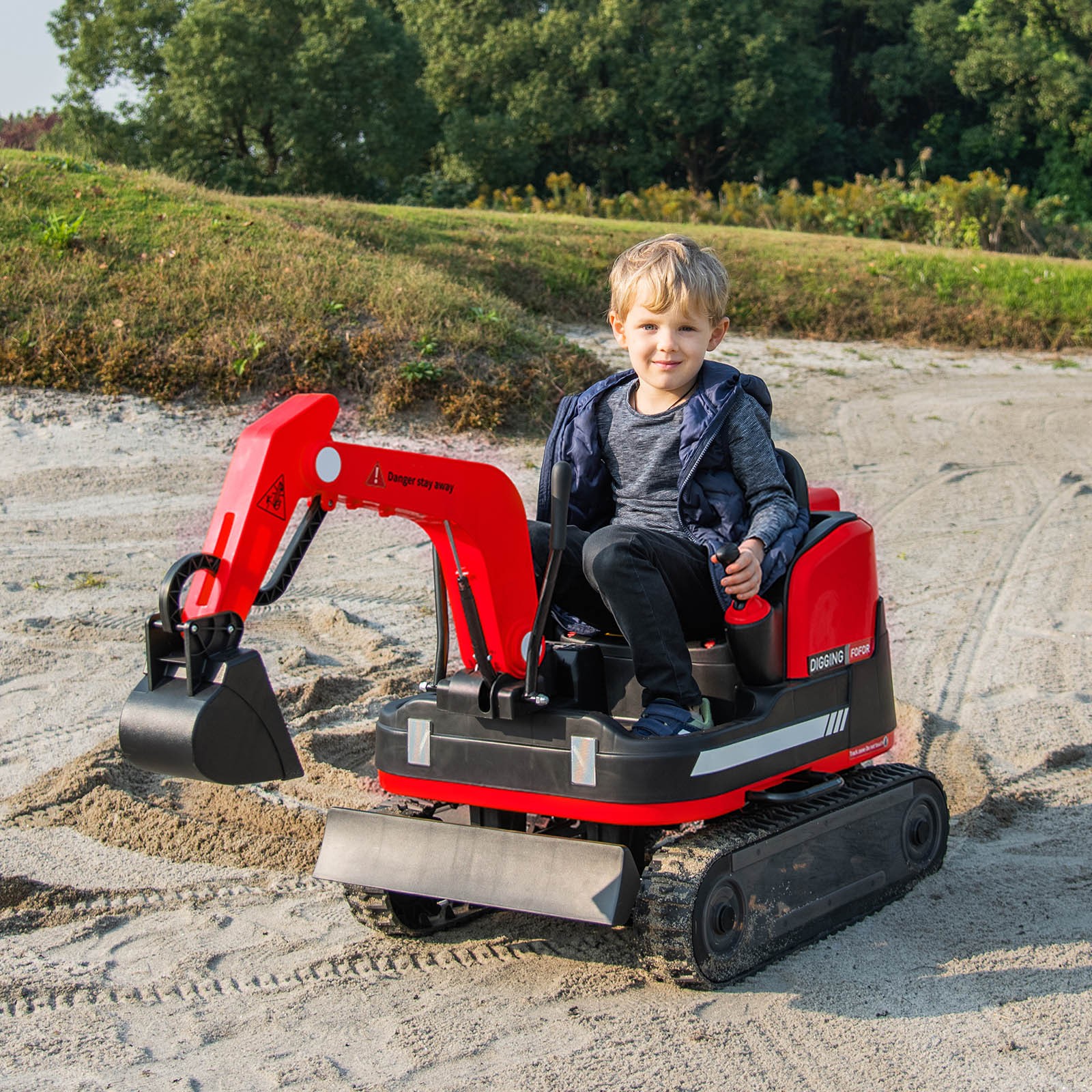 2 IN 1 360° Red 12V Battery Powered Kids Ride On Excavator Bulldozer with Remote