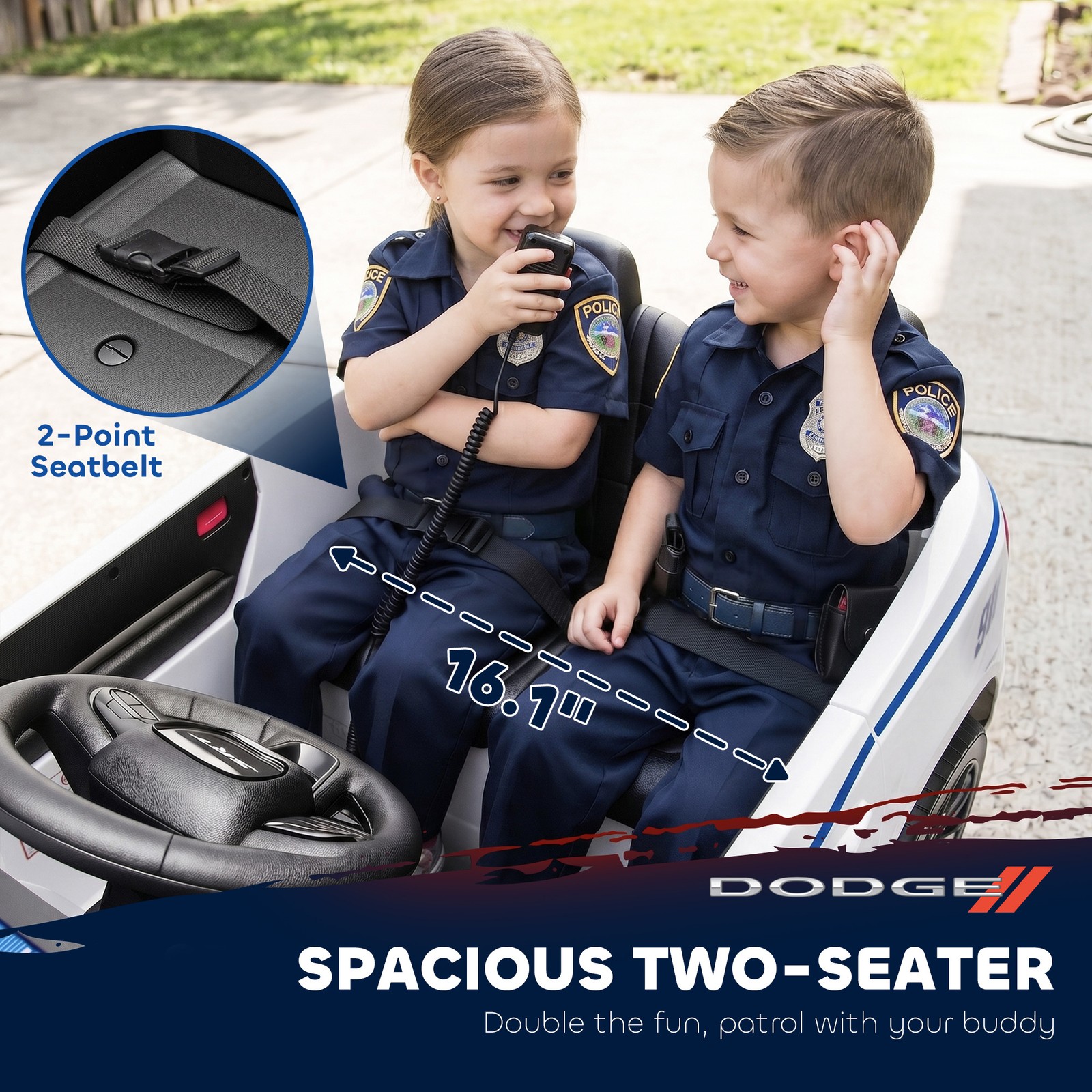 Qaba 12V Licensed Dodge Ride On Police Car with 2 Seater for Age 3-6, White