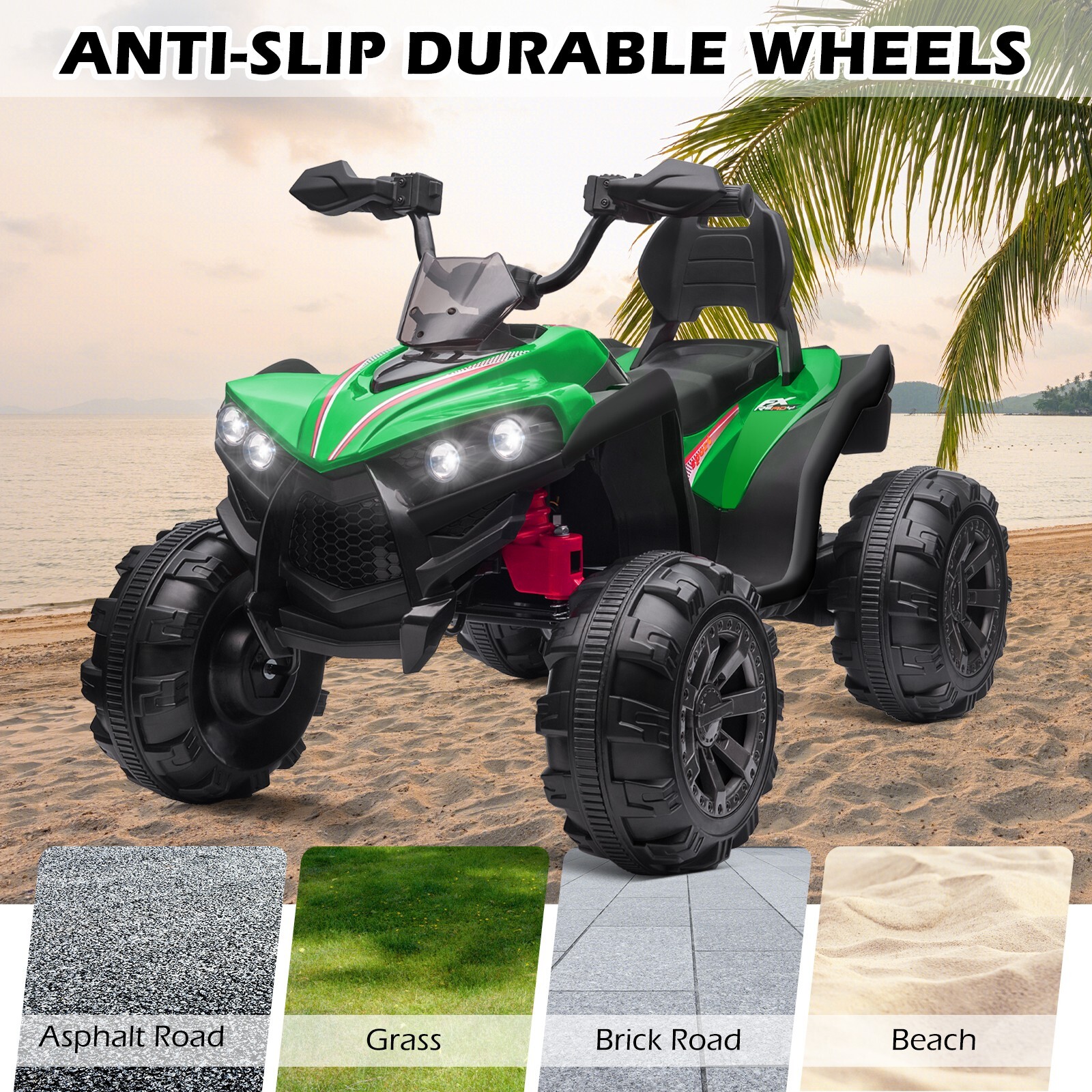 ZEOPHOL 12V Kids Ride-On Electric ATV Off-Road Quad Car Toy 2 Speeds LED Green