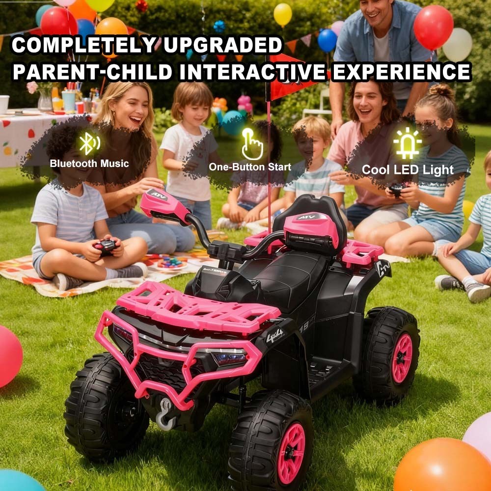 24V Pink ATV Ride-On Car Battery Powered w/ LED Lights, Bluetooth for Ages 3-6 Y