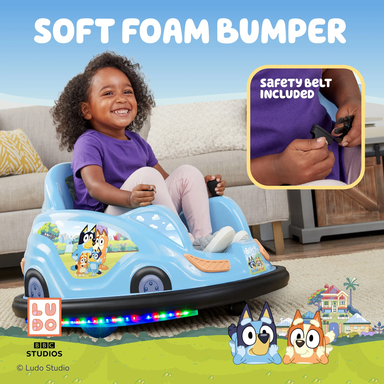 Bluey 6V Bumper Car Ride-On Toy – Kids 18m-4y, 66 lb, LED Lights, 360° Spins