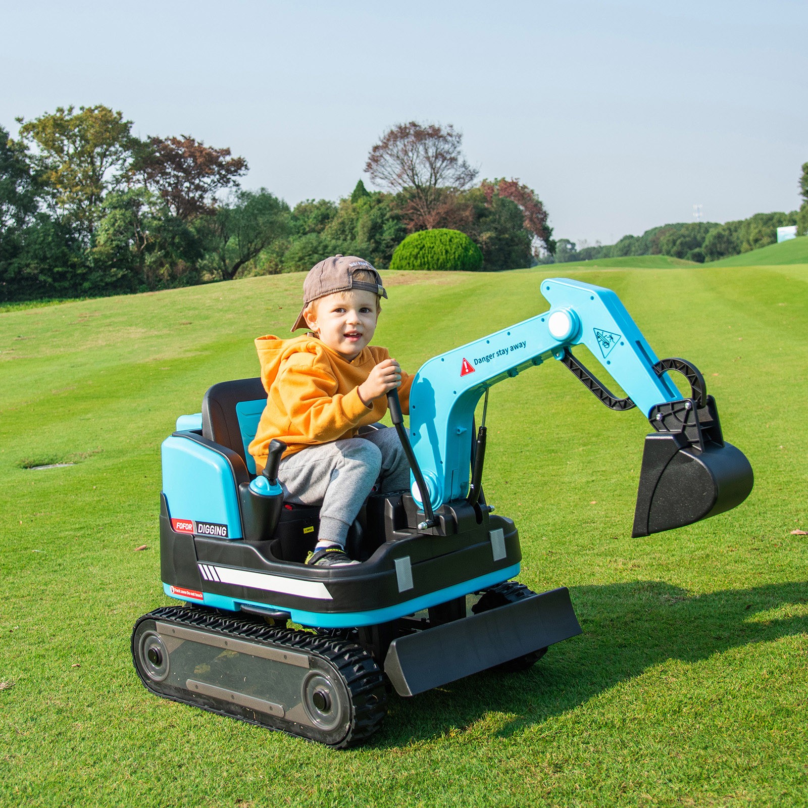 JOYLDIAS Blue 360° 12V Battery Kids Ride On Excavator & Bulldozer w/MP3,Remote