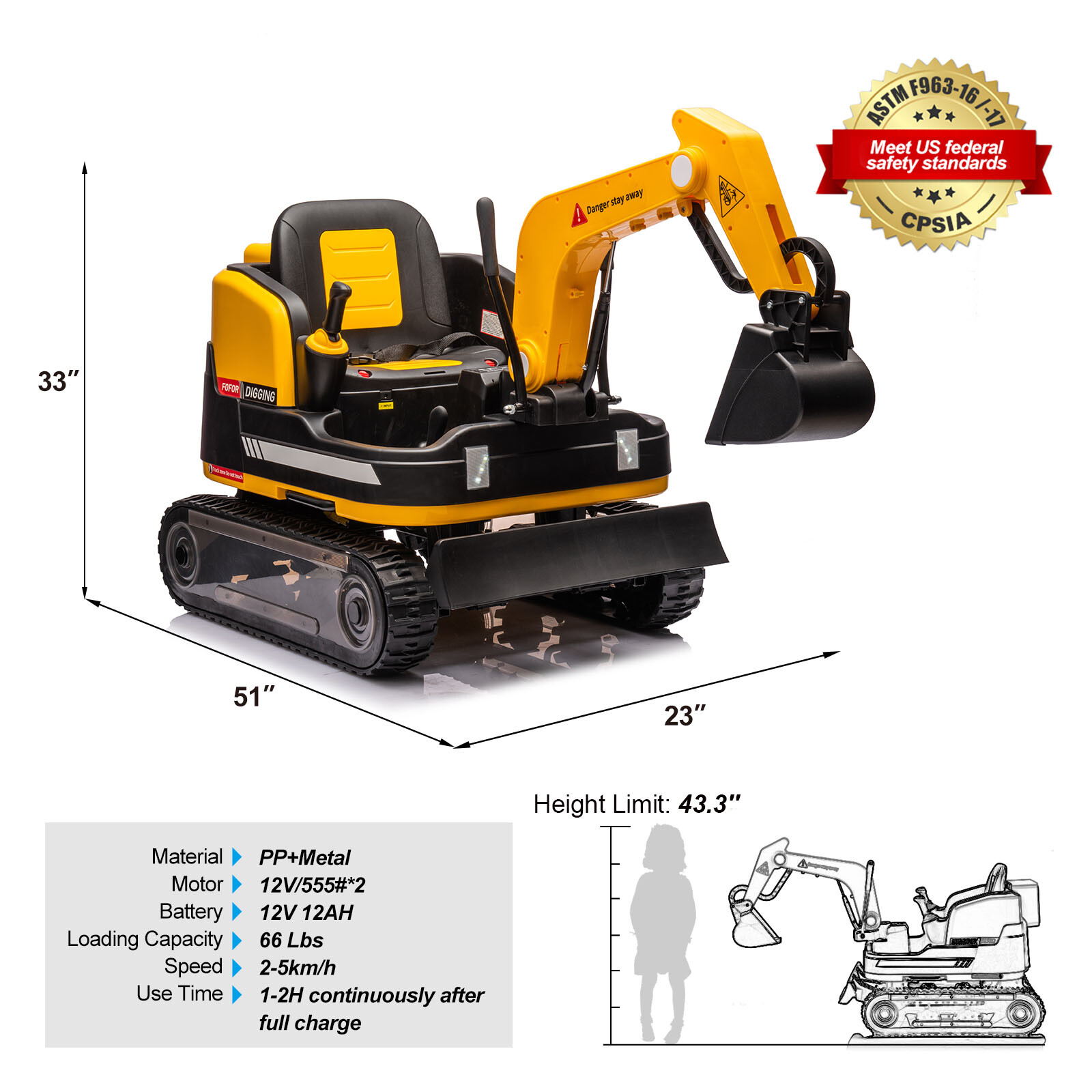 2IN1 12V 360° Kids Yellow Ride on Traxcavator Excavator Toys with RC