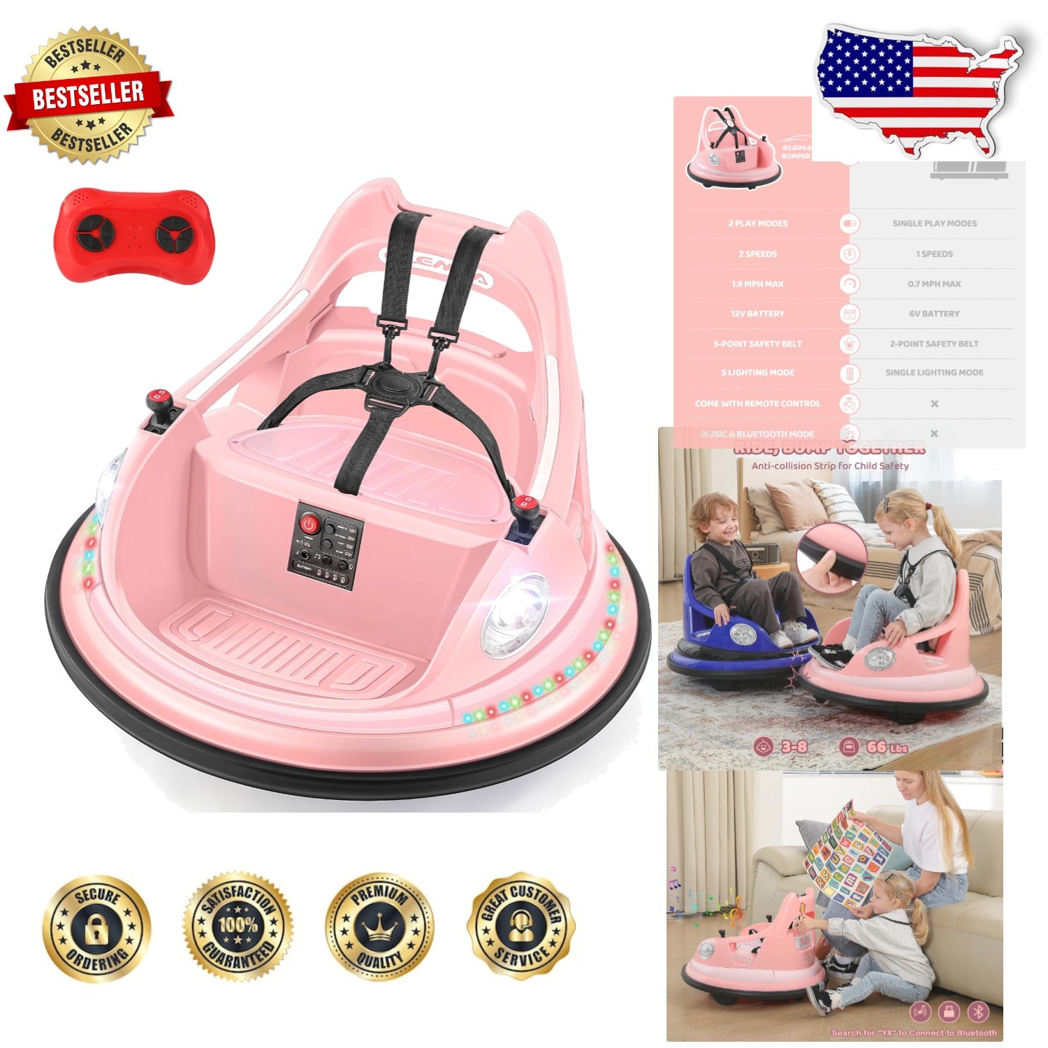 Kids Bumper Car | 12V Ride On, 360 Spin, Bluetooth, LED Lights, Remote