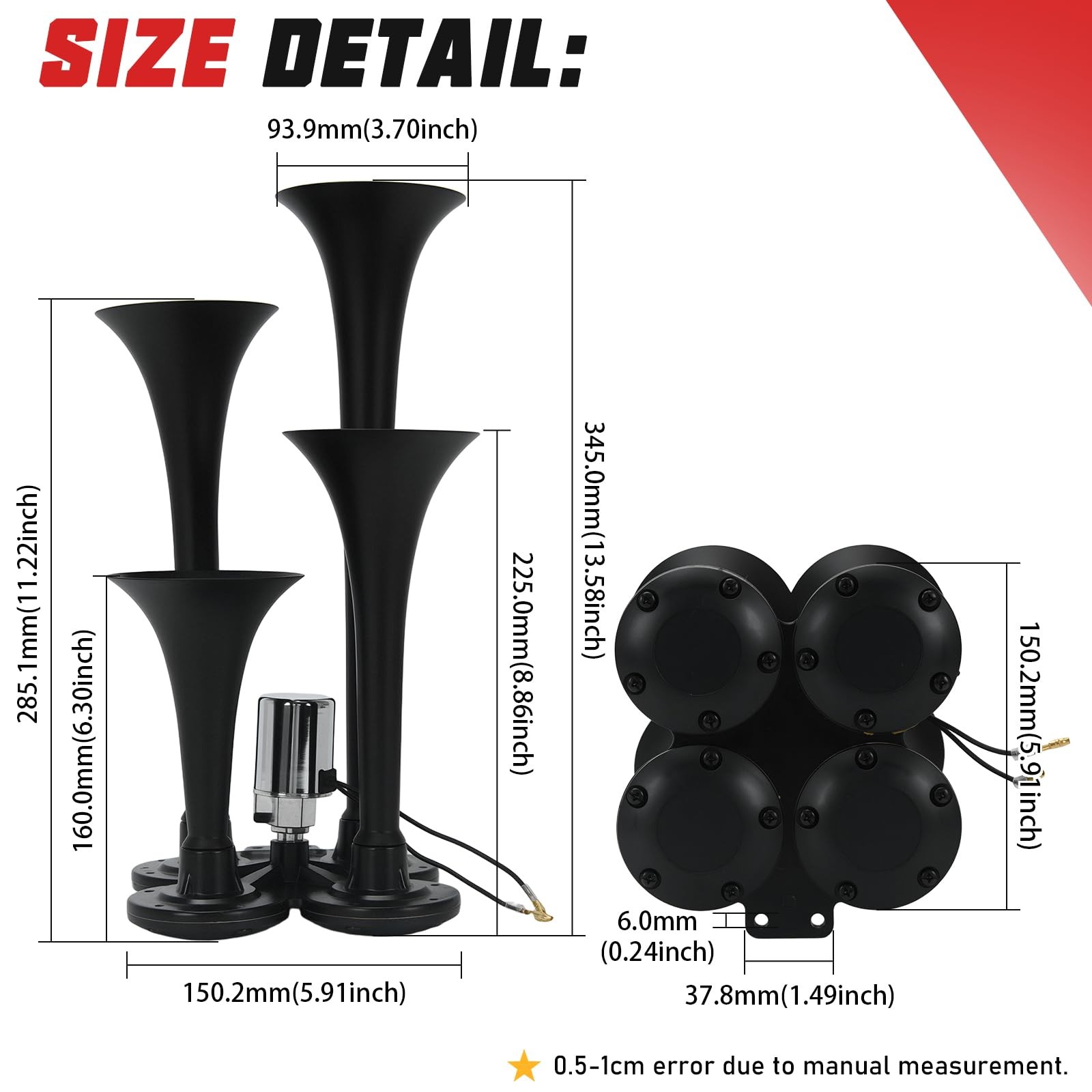 Double Row 4 Trumpet Air Horns Kit w/Electric Solenoid & Mounting Hardware 12…
