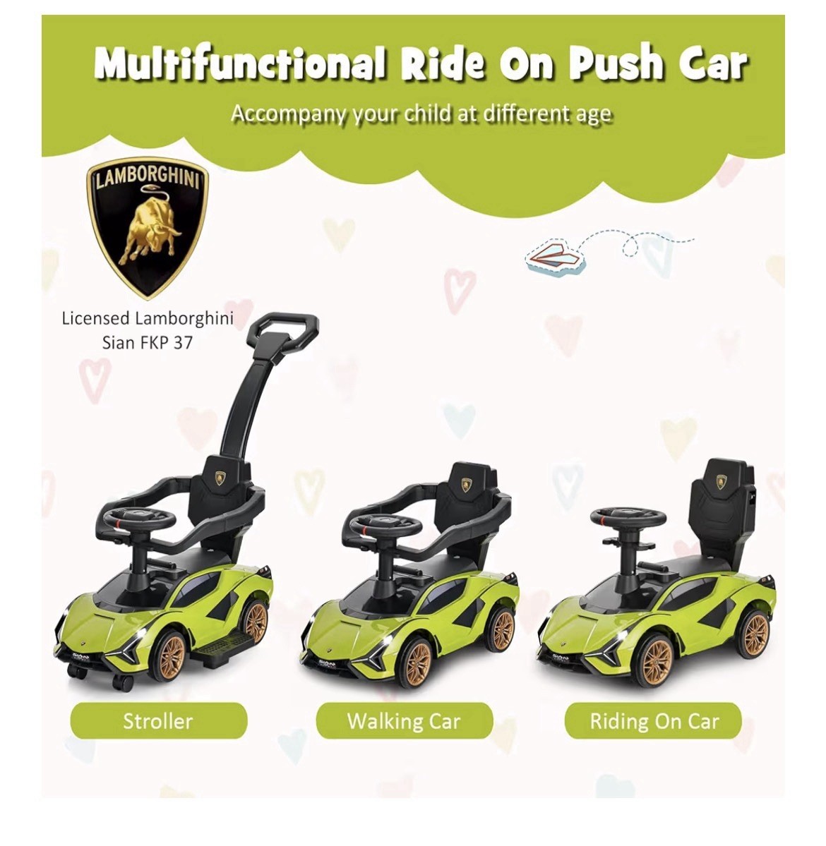3-in-1 Licensed Lamborghini Ride on Push Car Stroller Sliding Car w/ Sound Green