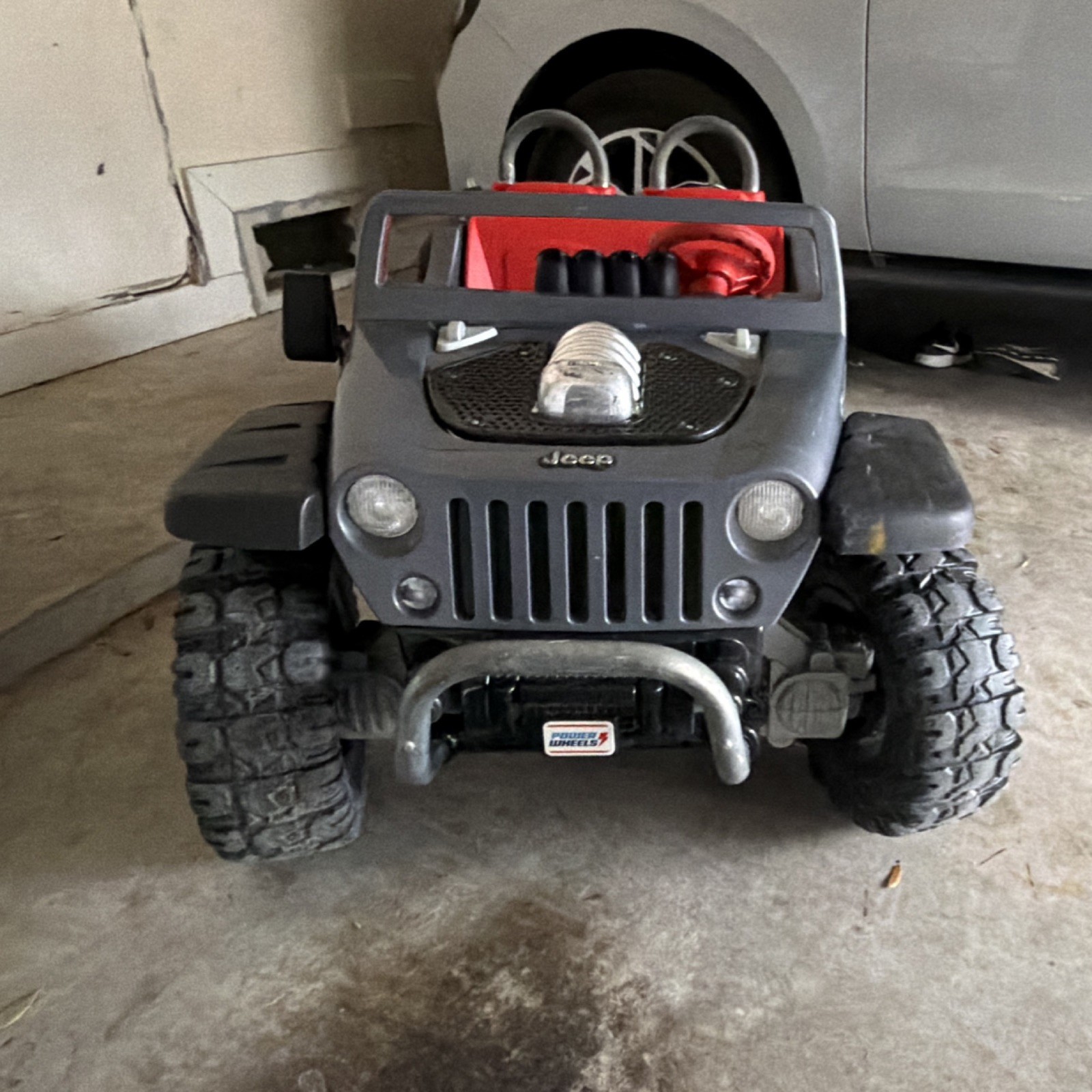 Power Wheels Jeep Battery Operated Ride-On Toy Car Gray/Red for Ages 3-7