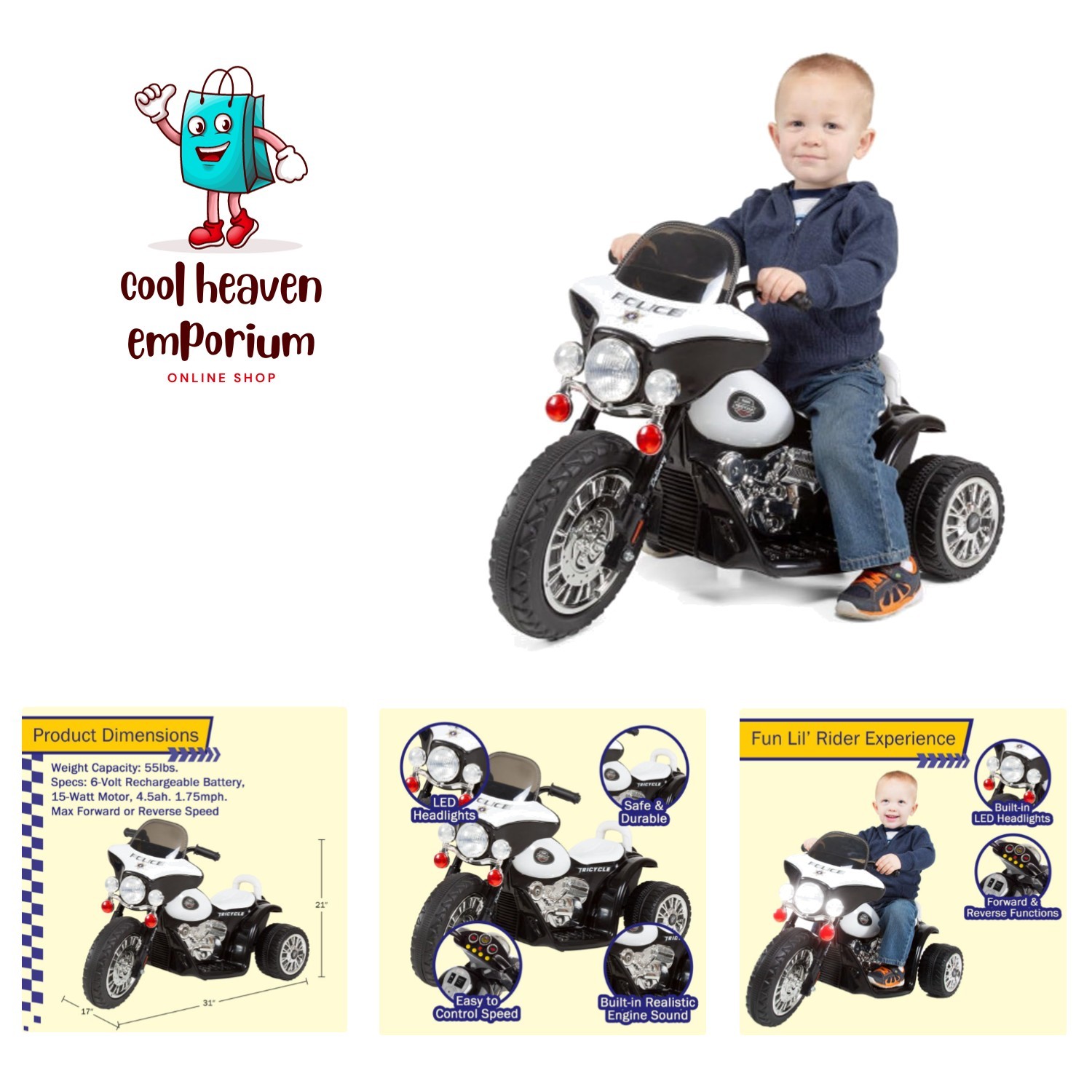 Durable Kids Ride-On Motorcycle with Headlights & Police Decals for Ages 3-6