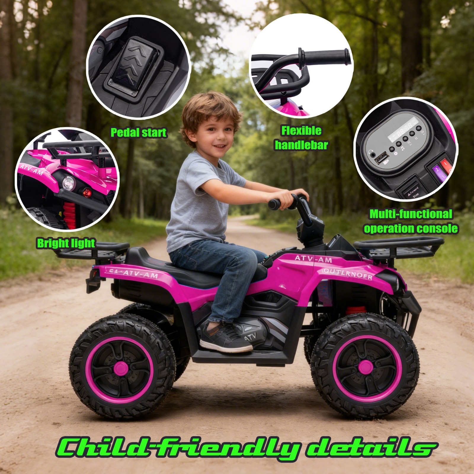 24V Kids Ride On ATV, 160W Off-Road Toys w/LED, Dual Storage Racks,Pink