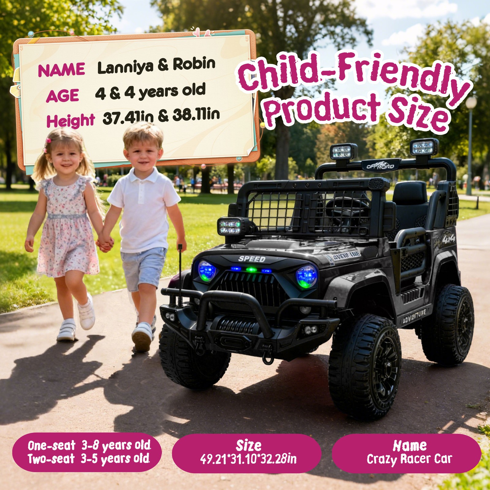 24V 2-Seaters Electric Jeep Truck Ride on Car Toy for Kids 3-8 w/ Remote Control