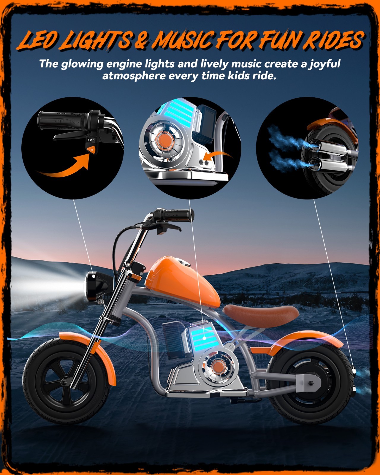 Electric Motorcycle with Ambient Lighting,Built-in Music 10 MPH 12inch tire