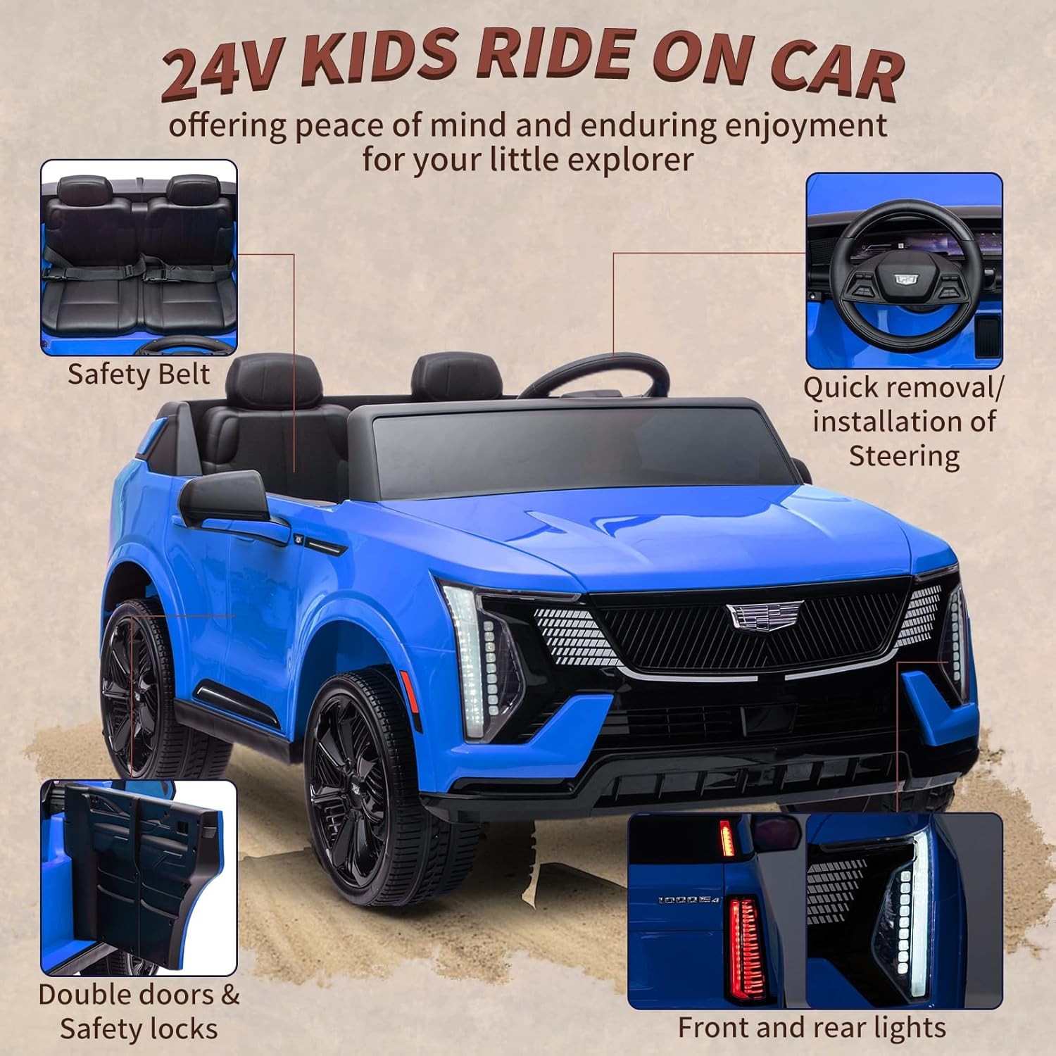 Kid Cadillac Licensed 24V Electric Ride-On Car 2-Seater 2 Motor LED Music Remote