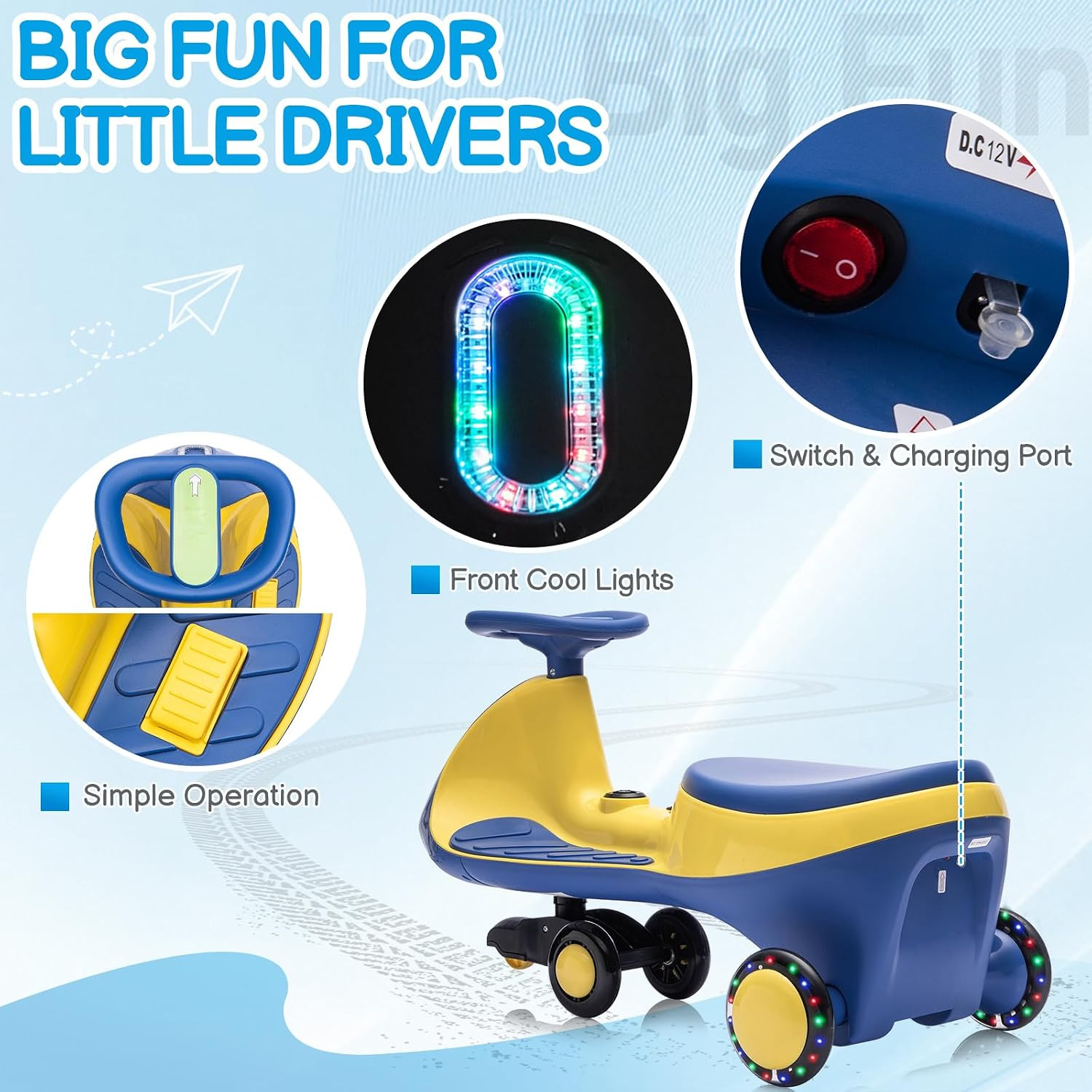 12V Electric Wiggle Car Ride on Toy with Pedal, 2 in 1 Rechargeable Battery Swin