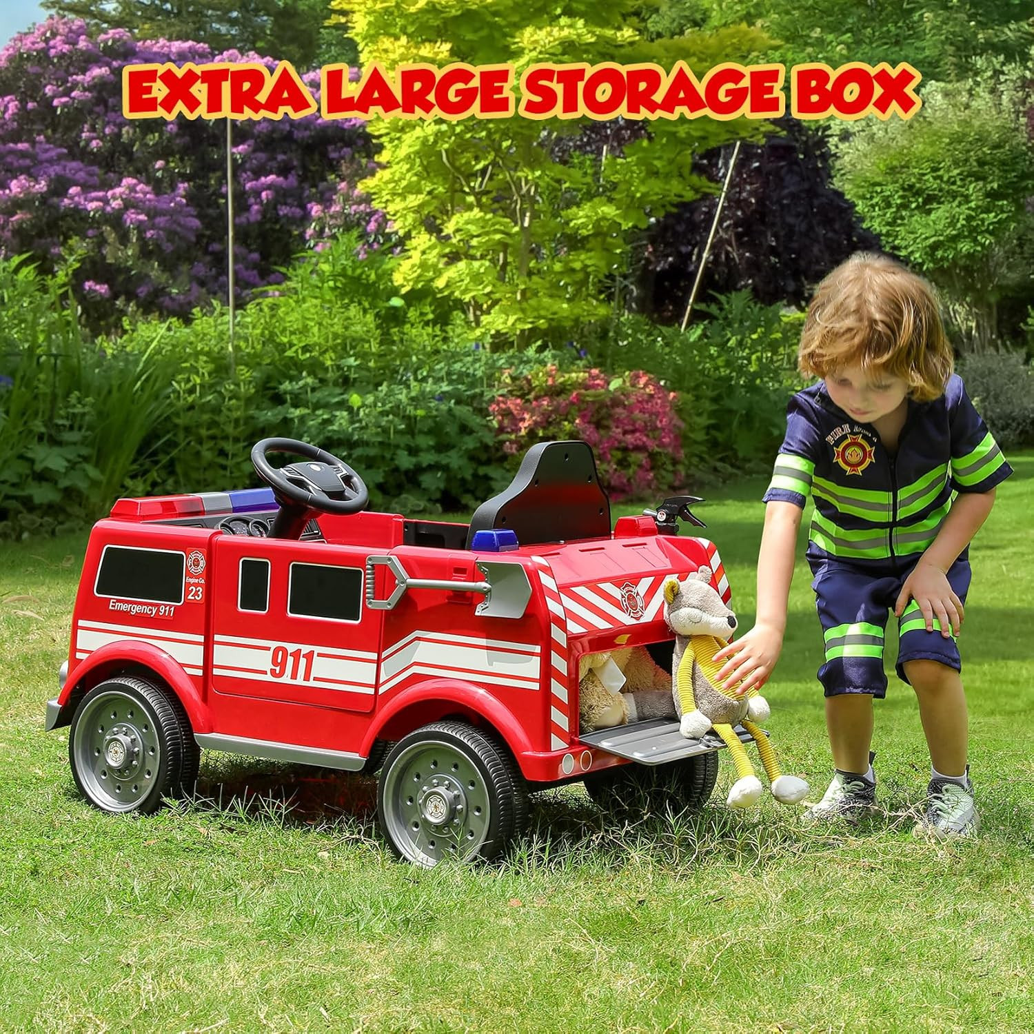 12V Ride on Fire Truck, Battery Powered Toddler Electric Vehicle W/Parent Remote